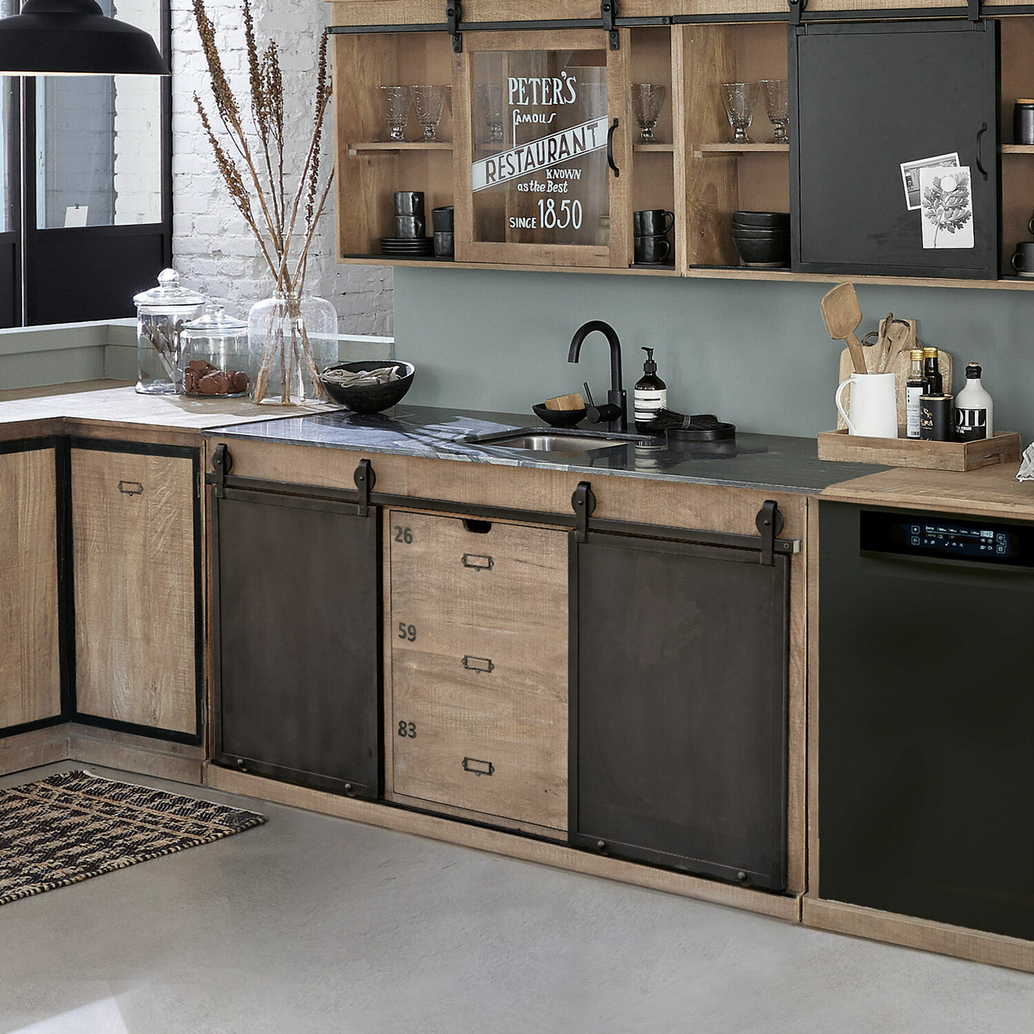 Mobile con lavello Oakland Cucina con mobili in legno e porte scorrevoli in metallo nero, design moderno industriale