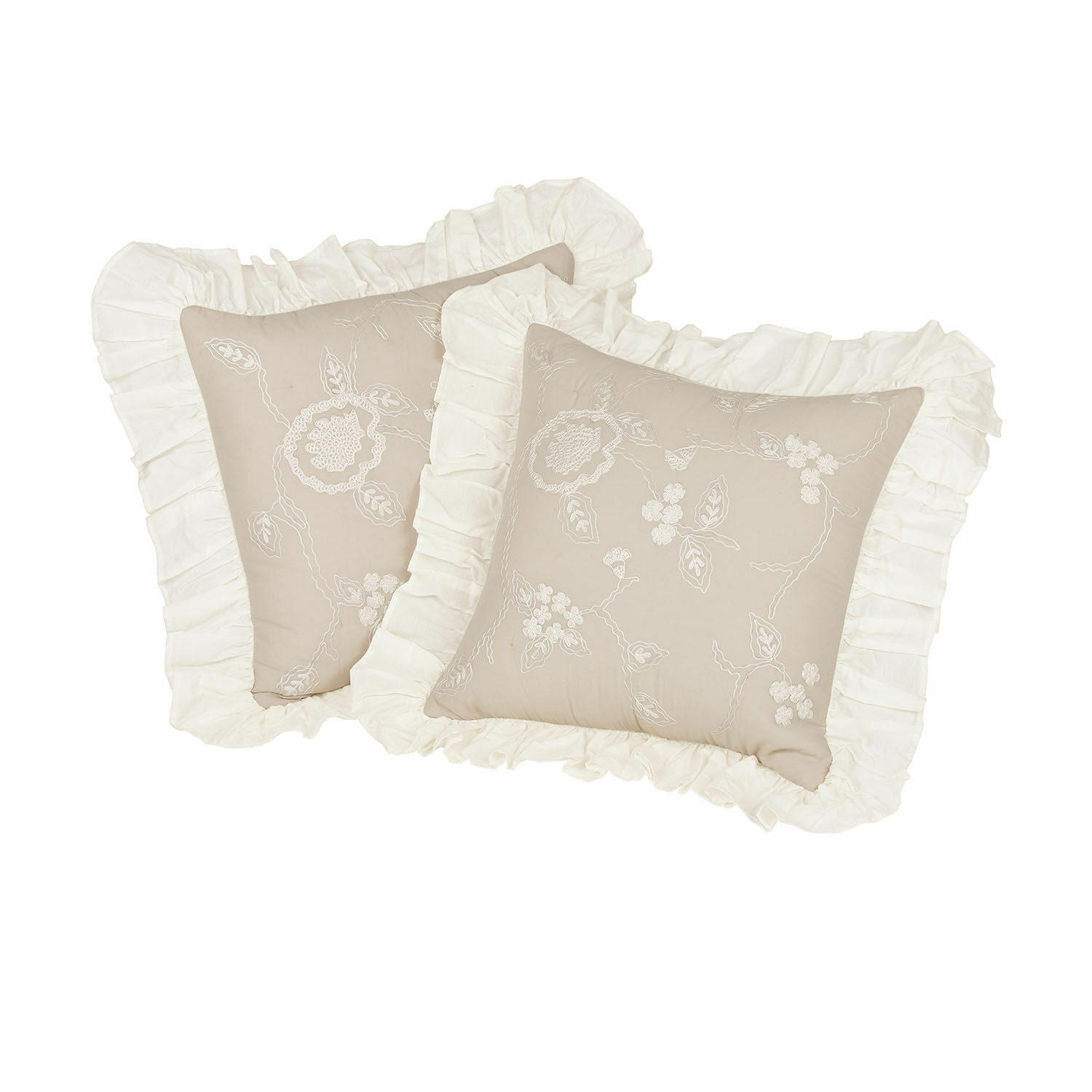 Coppia di copricuscini Clarissa Cuscino decorativo beige in cotone con ricamo bianco e volant in stile vintage elegante