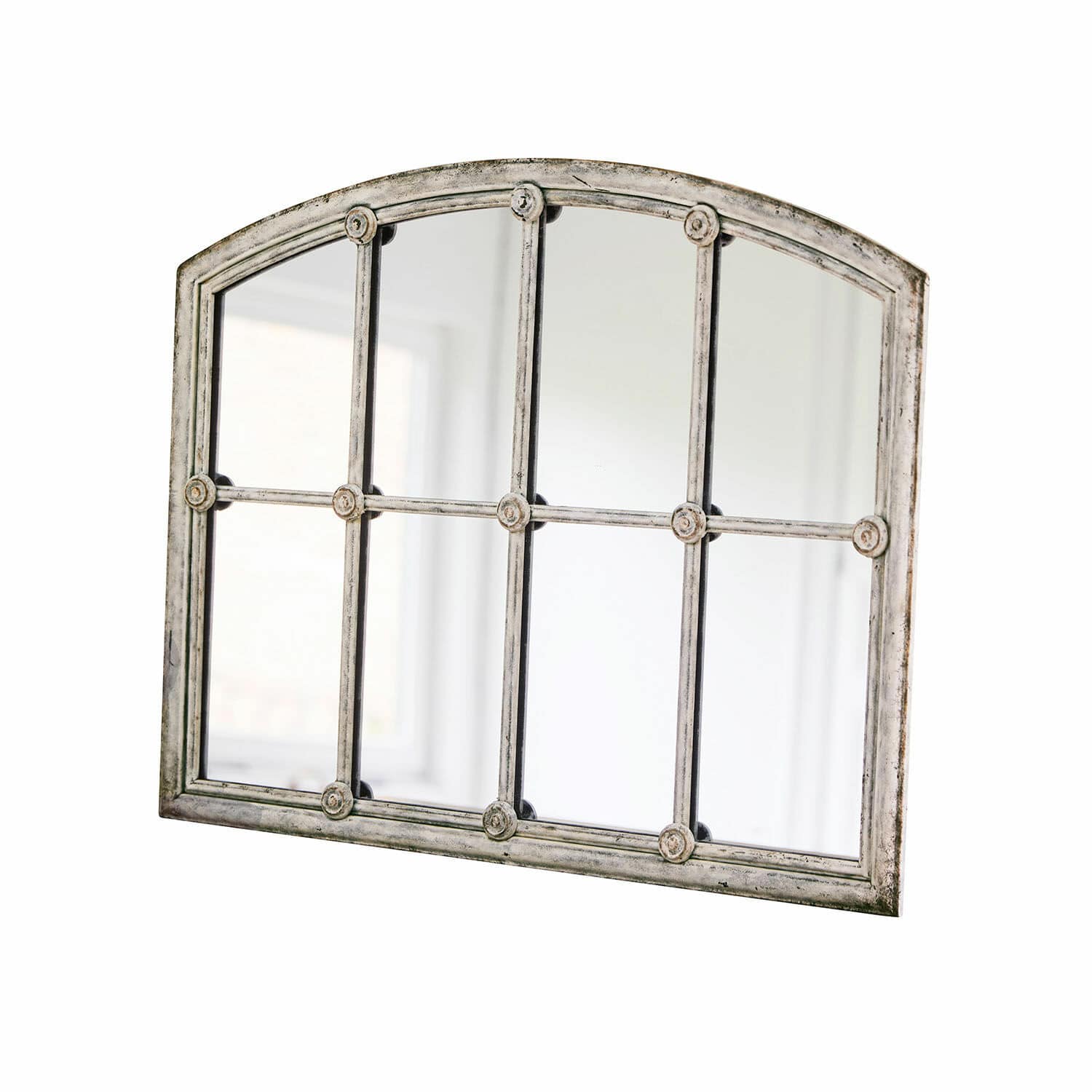 Specchio Tobiah Specchio da parete con cornice grigia invecchiata e decorazioni rotonde, diviso in otto sezioni