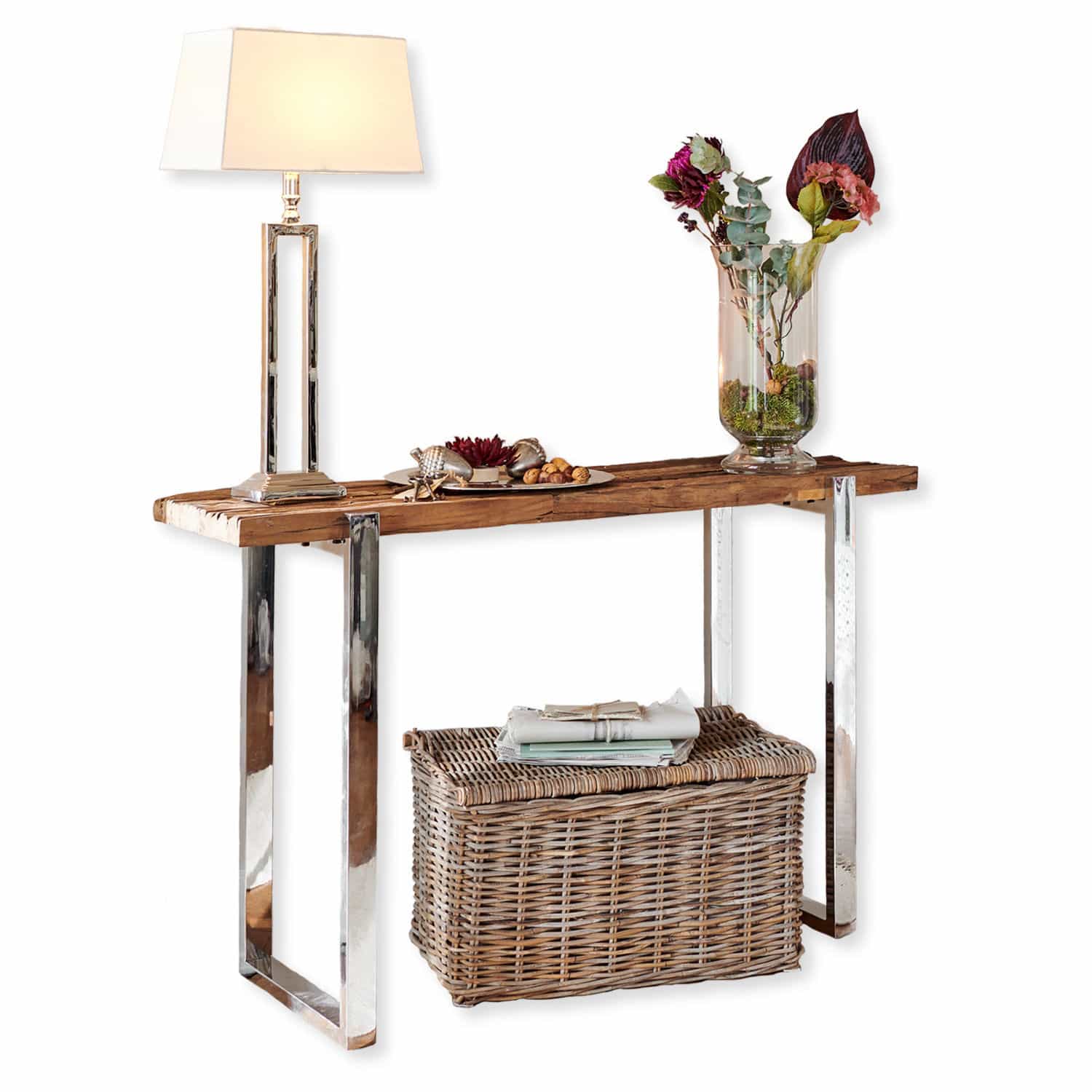 Consolle Holistres Consolle con piano in legno e gambe in metallo, decorata con lampada e vaso con fiori