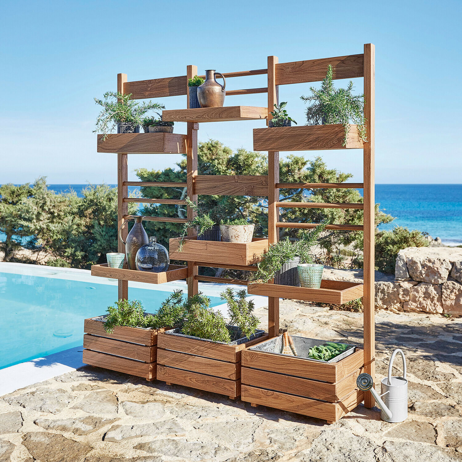 Scaffale per piante Lutry Fioriera in legno con ripiani per erbe e decorazioni, colore naturale, ideale per giardino e terrazza