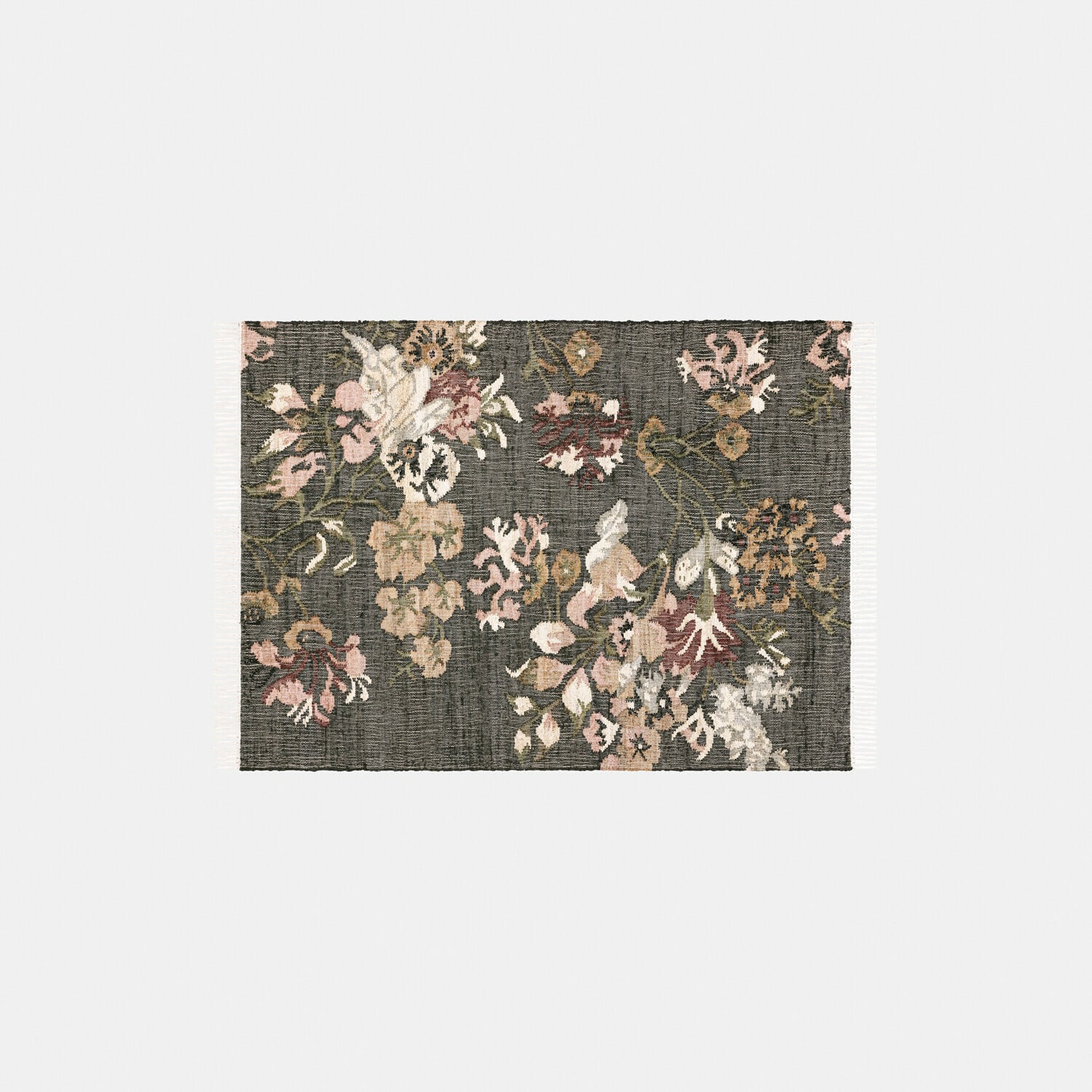 Tappeto Yasirah Tappeto con motivo floreale in colori pastello su sfondo grigio scuro con frange ai lati