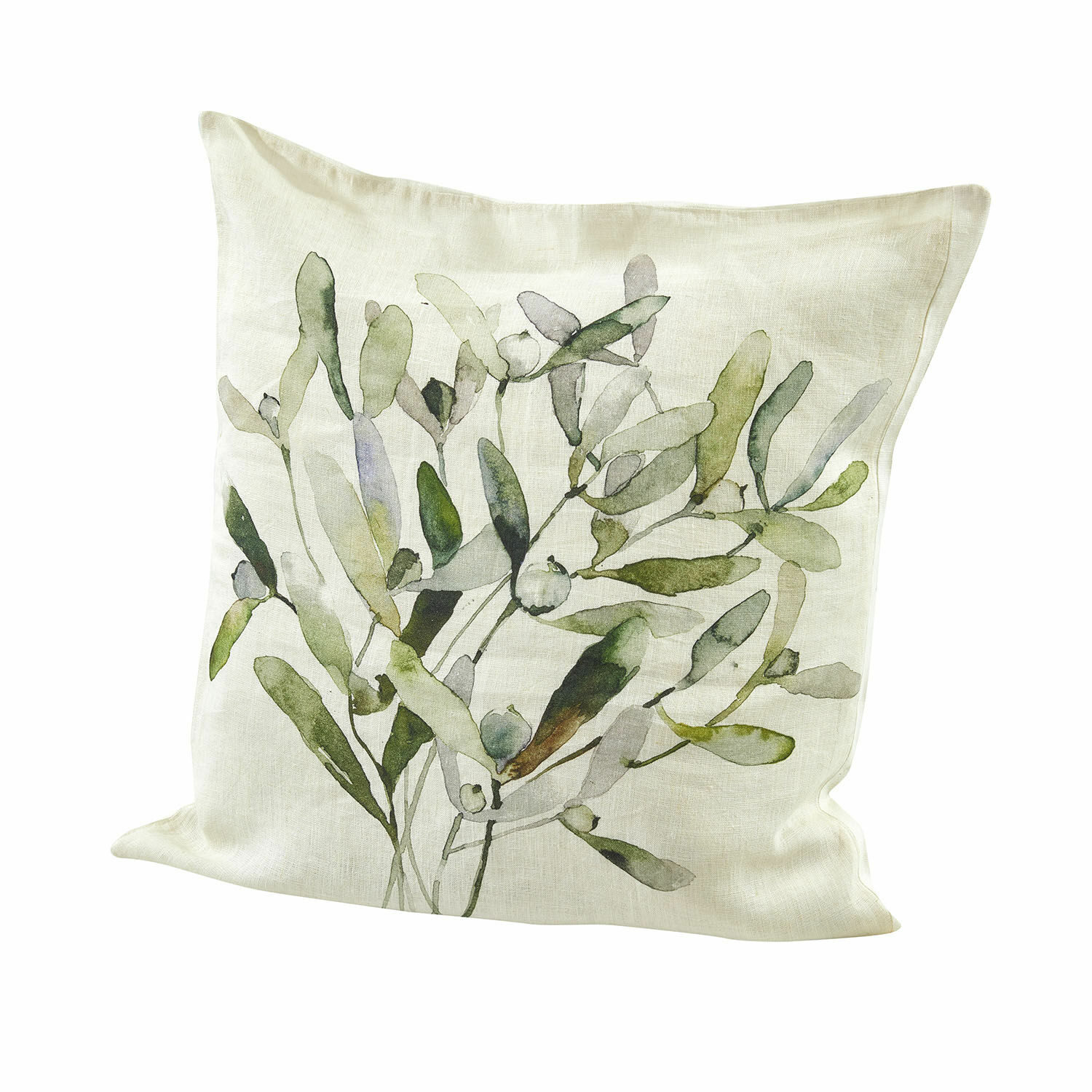 Copricuscino Mistletoe Cuscino decorativo in lino color crema con motivo vegetale verde per soggiorno