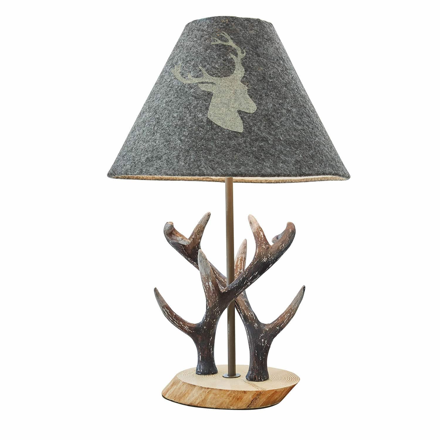 Lampada da tavolo Lodge Lampada da tavolo con base in legno e decorazione a corna, paralume grigio con motivo cervo, illuminazione decorativa