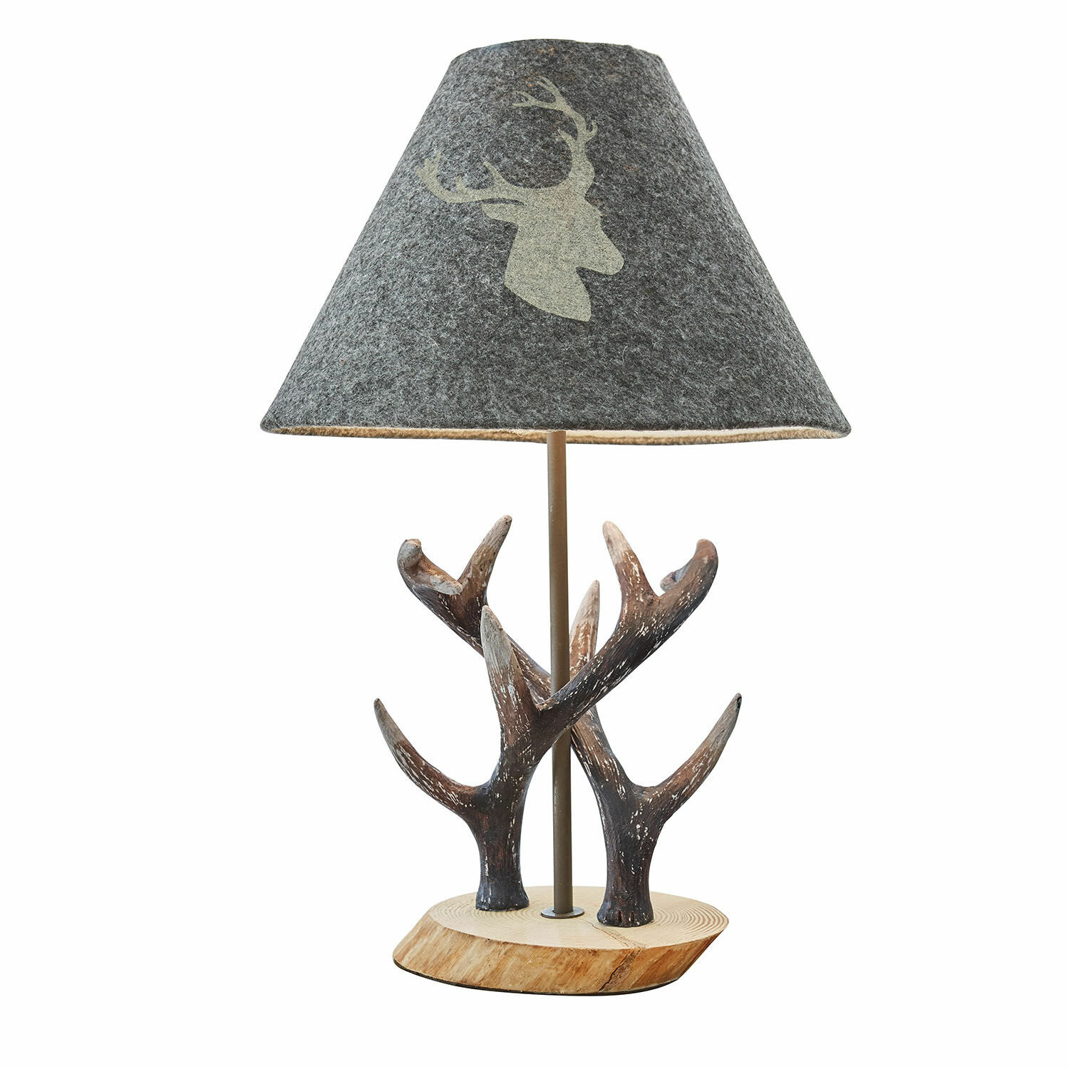 Lampada da tavolo Lodge Lampada da tavolo con base in legno e decorazione a corna, paralume grigio con motivo cervo, illuminazione decorativa