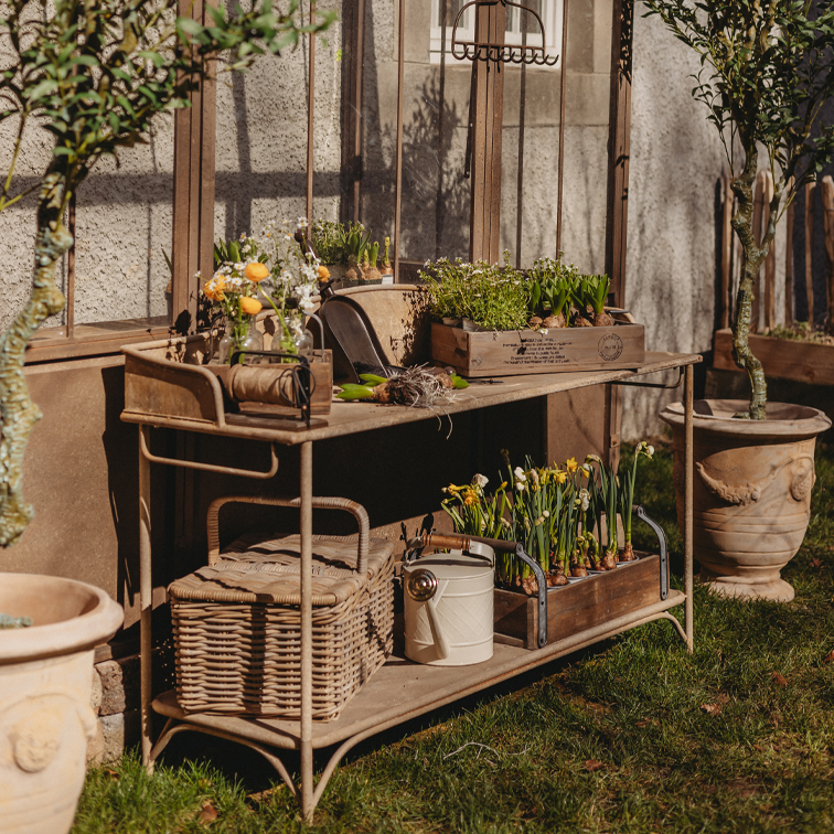 Tavolo da giardino in metallo con cassette di legno e fiori in vaso su prato vicino a serra