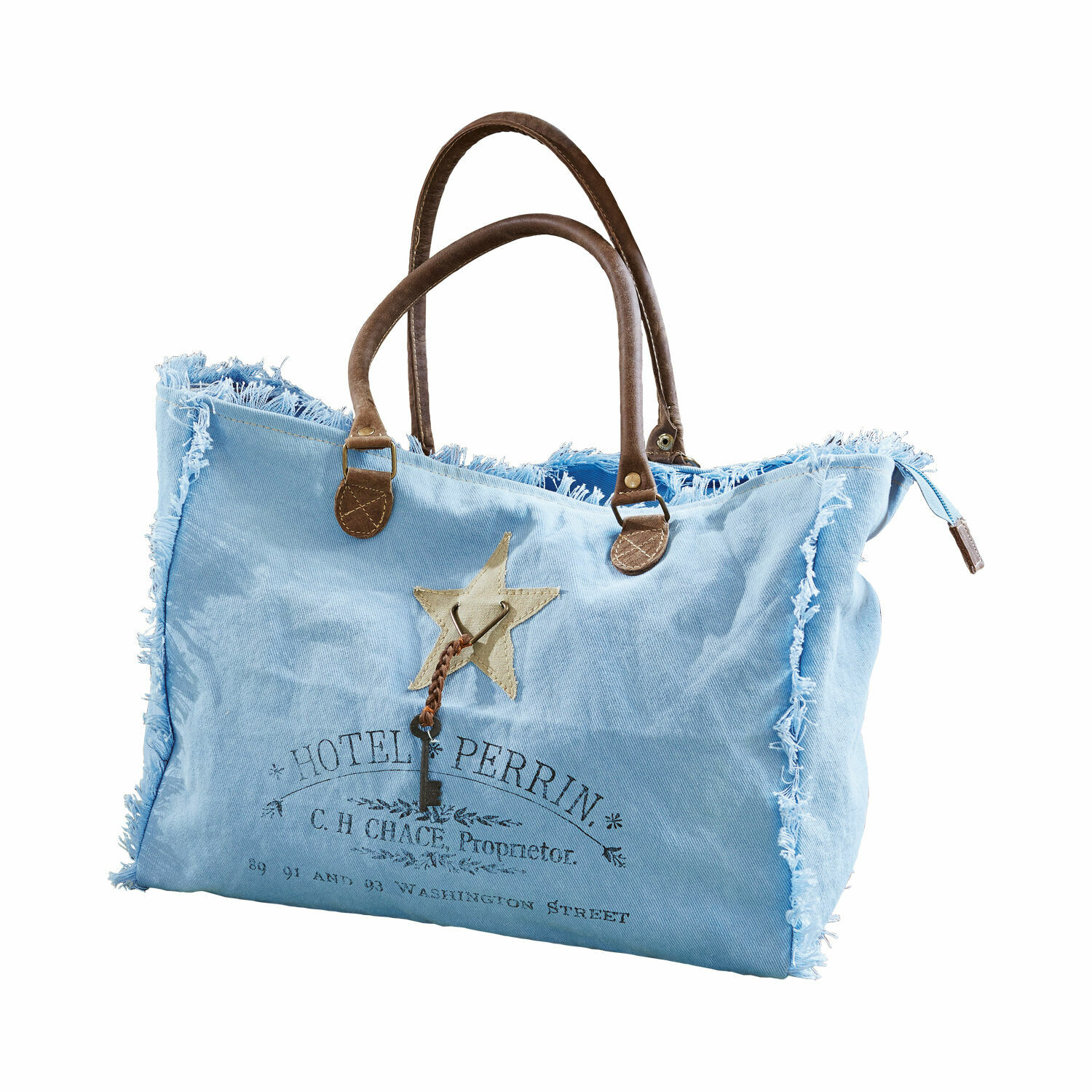 blu Borsa Elora in tessuto blu con manici marroni e chiave decorativa, stile vintage casual