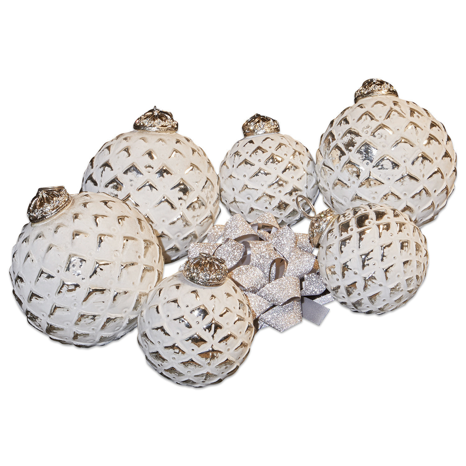 Set di 6 decorazioni natalizie Ambria Set di palline di Natale in vetro bianco con motivo argento e fiocco glitterato