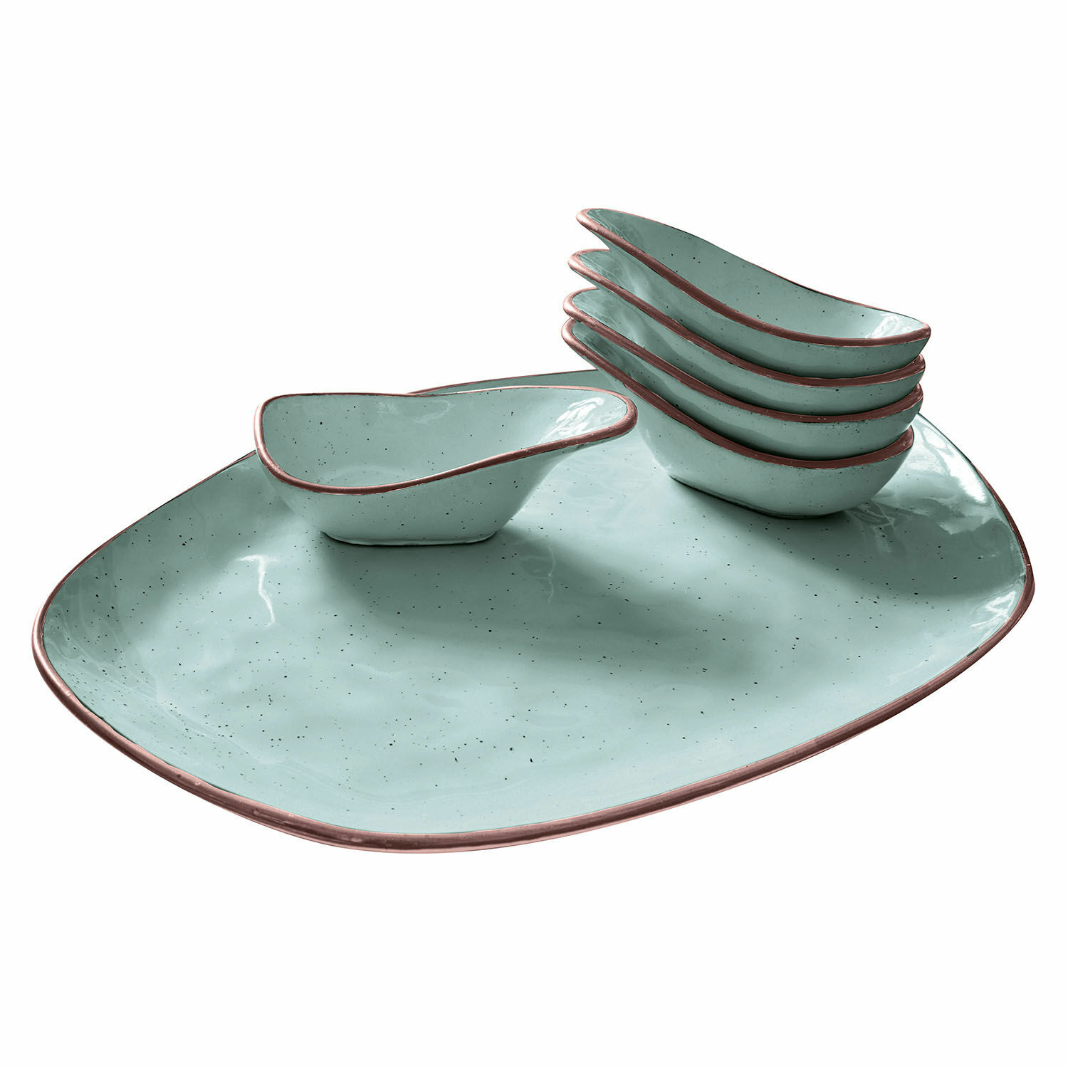 turchese Set di 6 ciotole in ceramica turchese con grande piatto da portata e bordo marrone