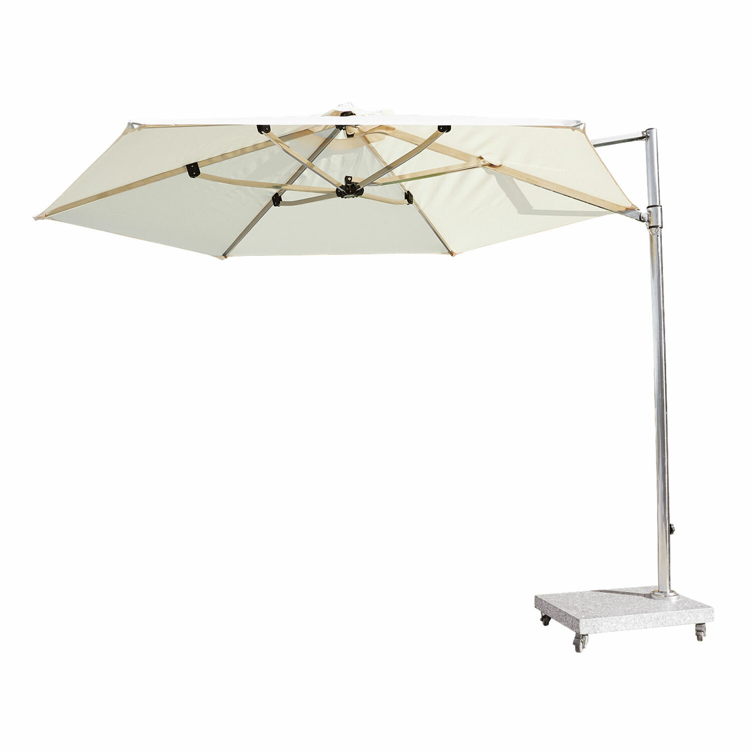 Ombrellone Boudicca Grande ombrellone da giardino beige con tessuto e base metallica su ruote per terrazza