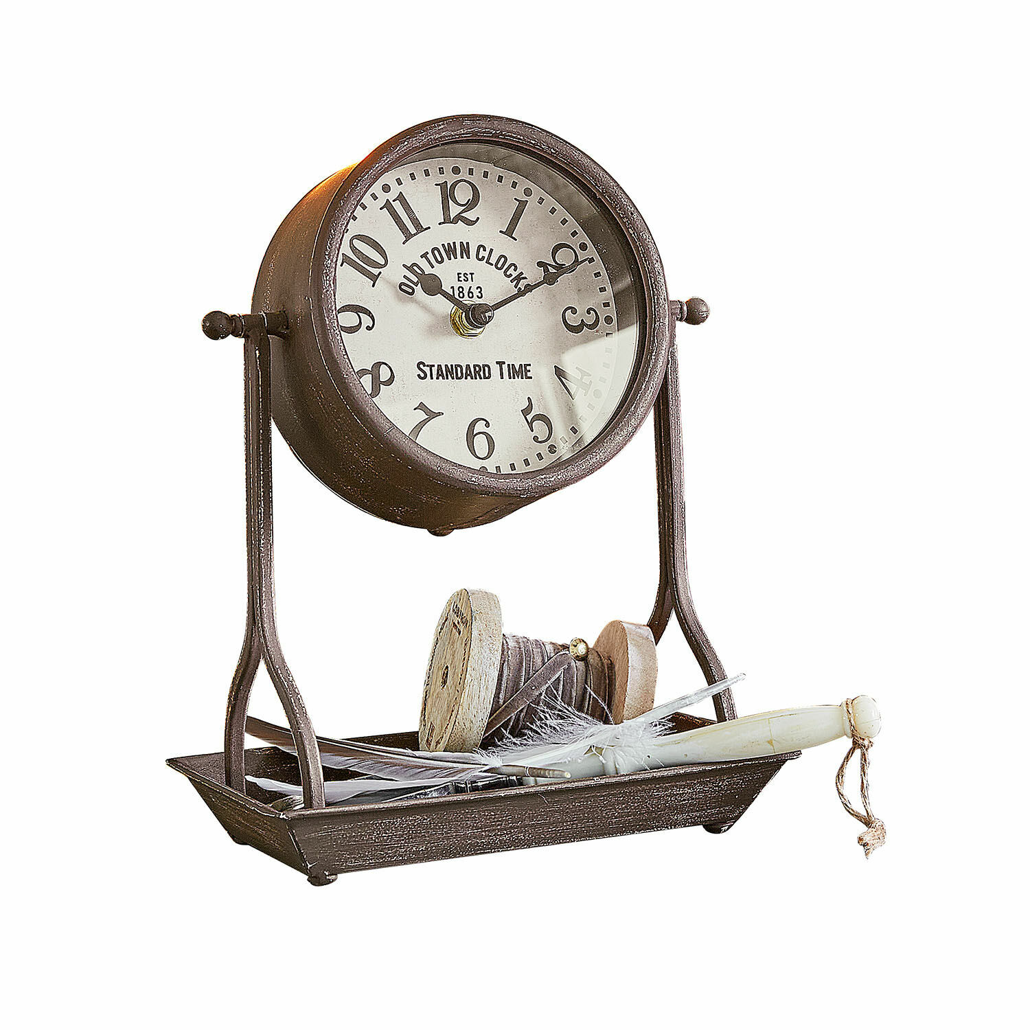 Orologio Vorexil Orologio da tavolo in metallo marrone con quadrante bianco e piume decorative su vassoio