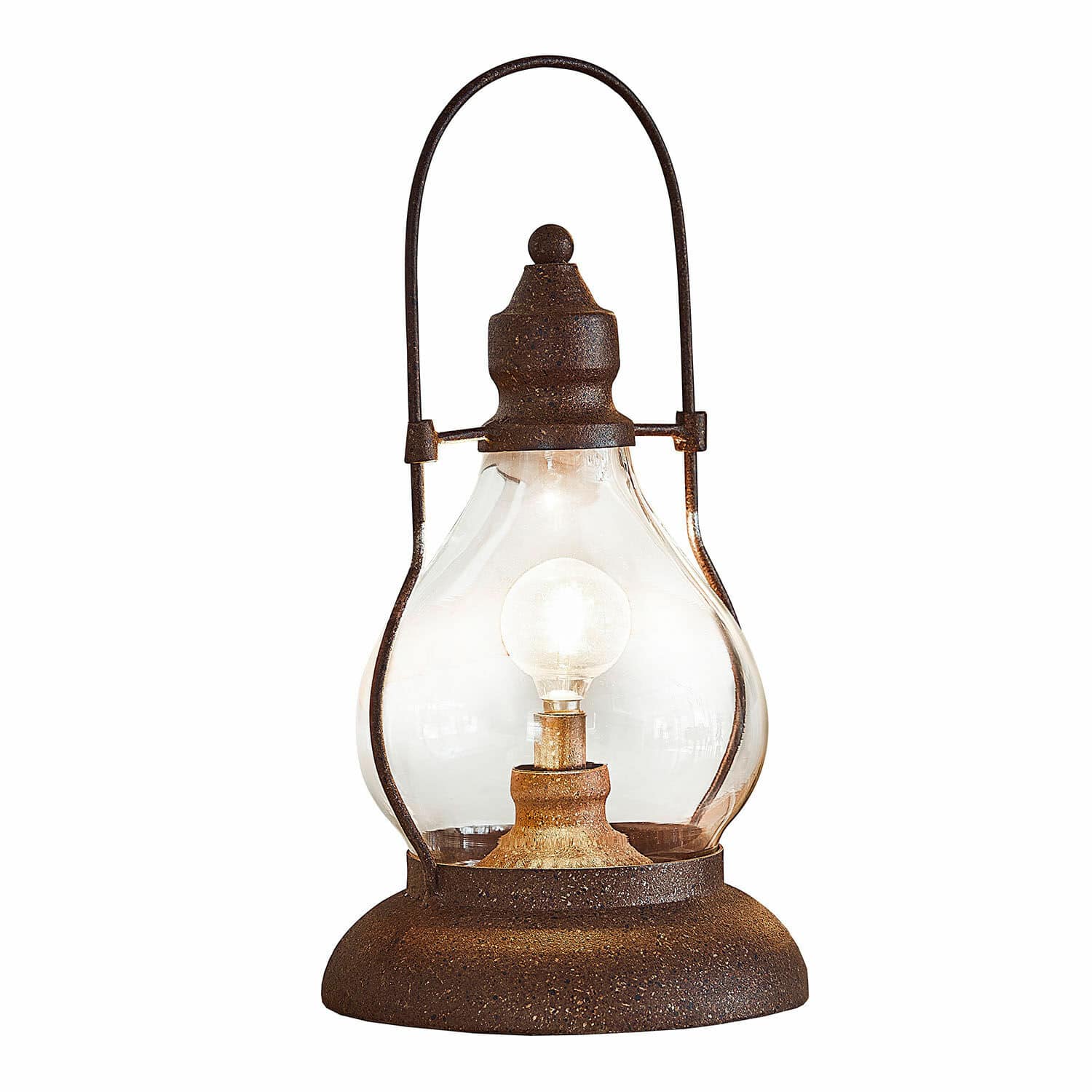 Lanterna a LED ricaricabile Cortney Lampada da tavolo rustica in metallo arrugginito con paralume trasparente e lampadina LED