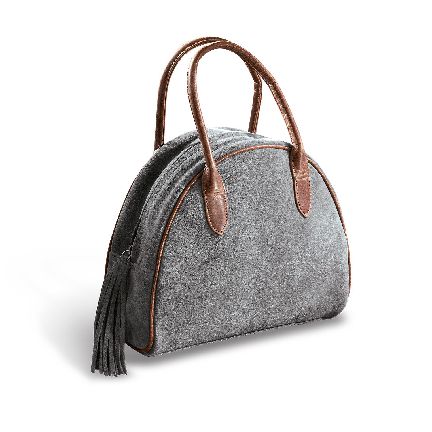 Borsa Elisabeta Borsa in camoscio grigio con manici in pelle marrone e nappina, accessorio moda donna
