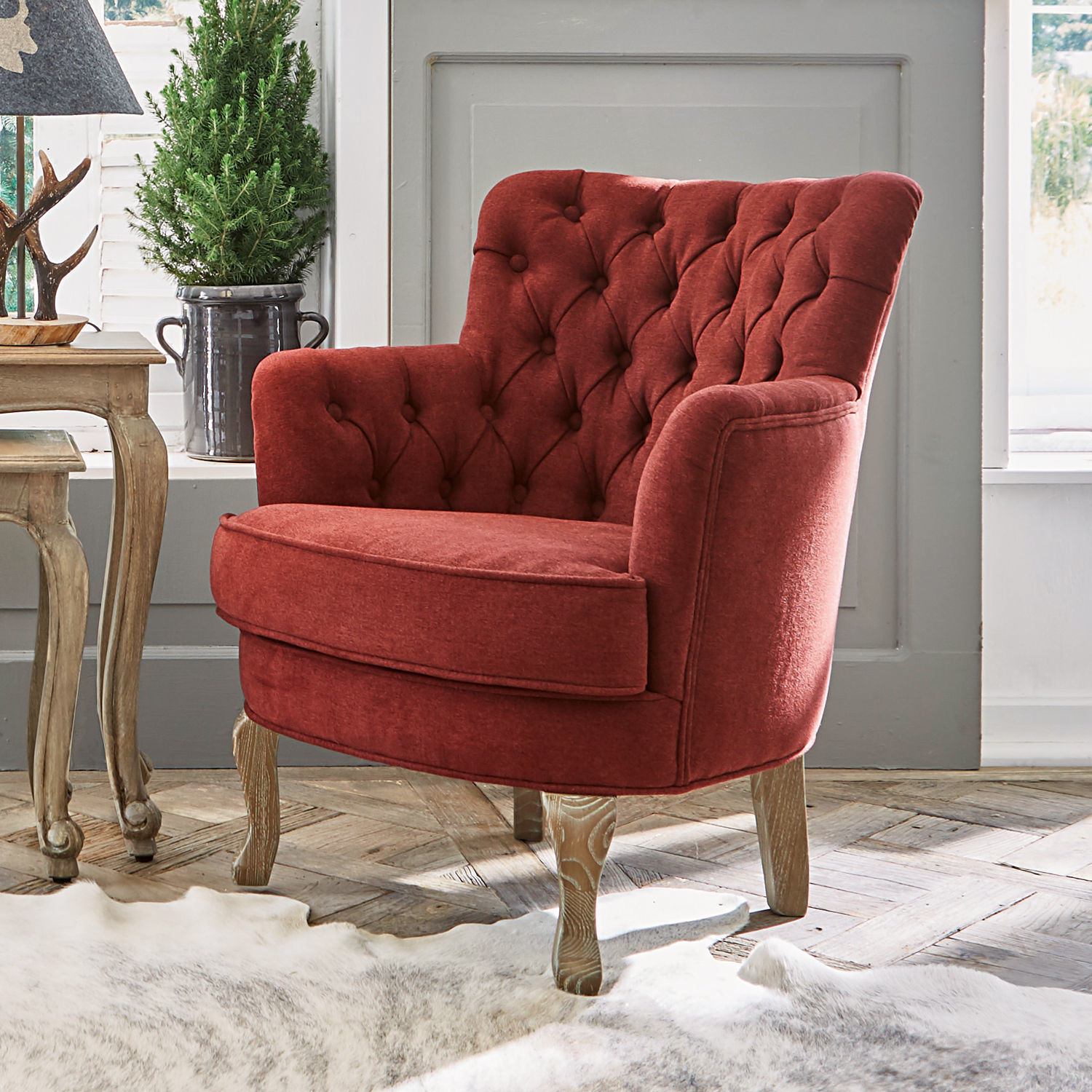 Poltrona Calgary Poltrona imbottita rossa con gambe in legno stile vintage per soggiorno