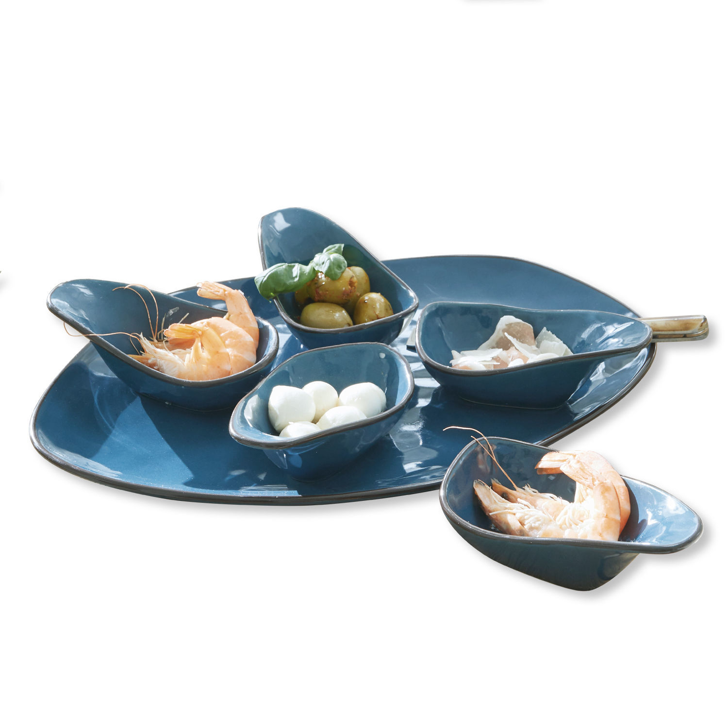 Set di 6 ciotoline su piatto Biarré Set di ciotole in ceramica blu con frutti di mare e olive su vassoio per antipasti