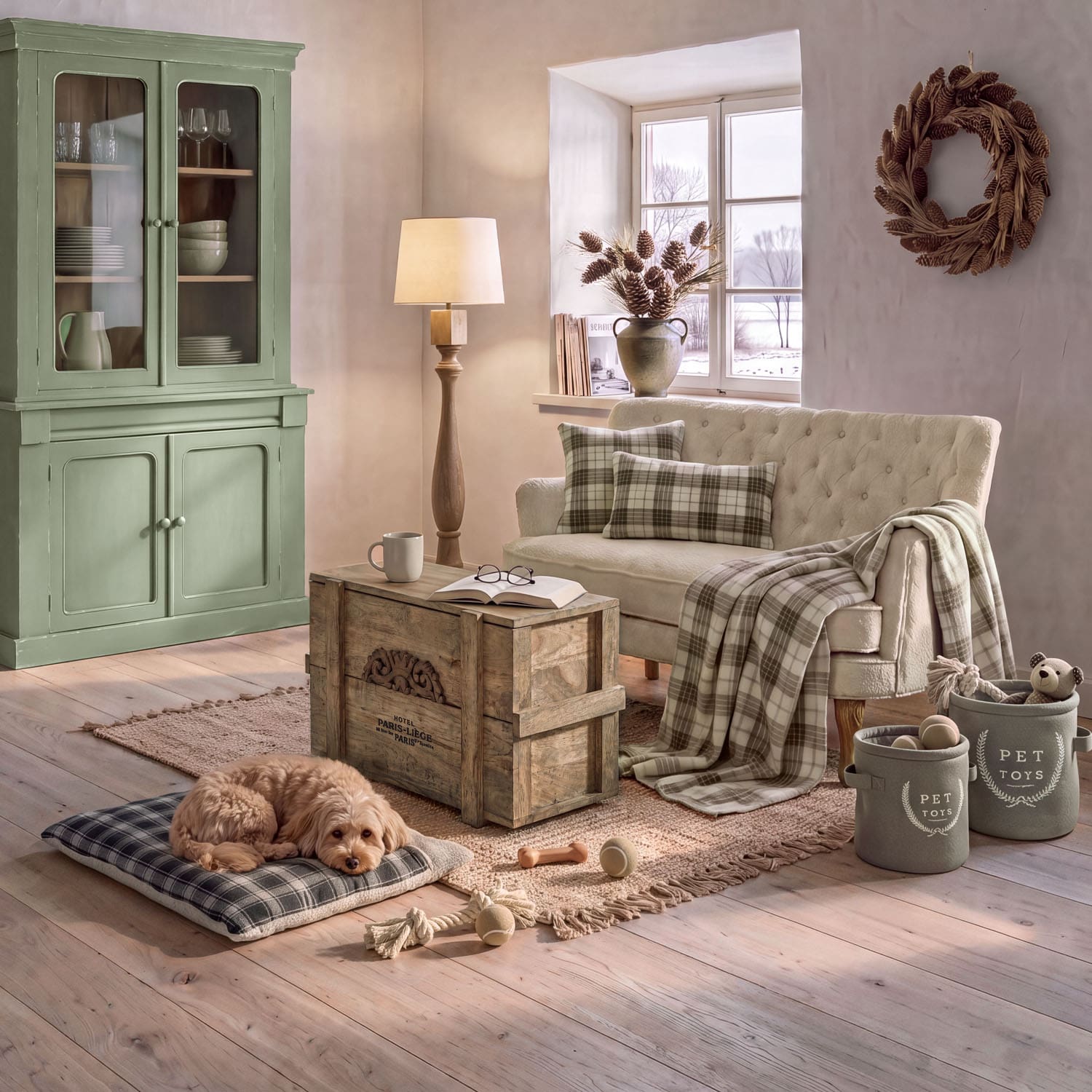 Soggiorno accogliente con divano crema, vetrina verde in legno e tavolino rustico in legno