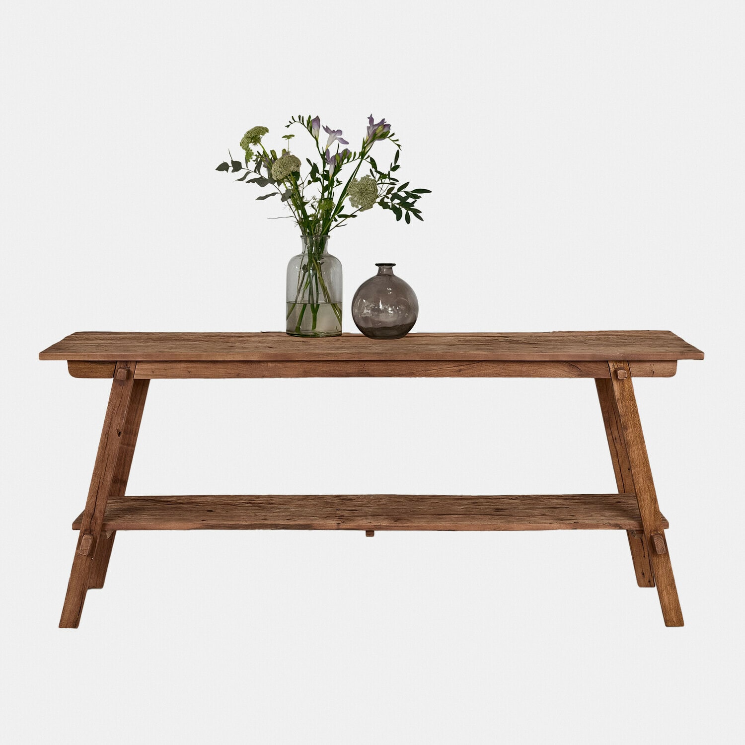 Consolle Brévonne Tavolo rustico in legno naturale con ripiano inferiore e decorazione floreale sopra