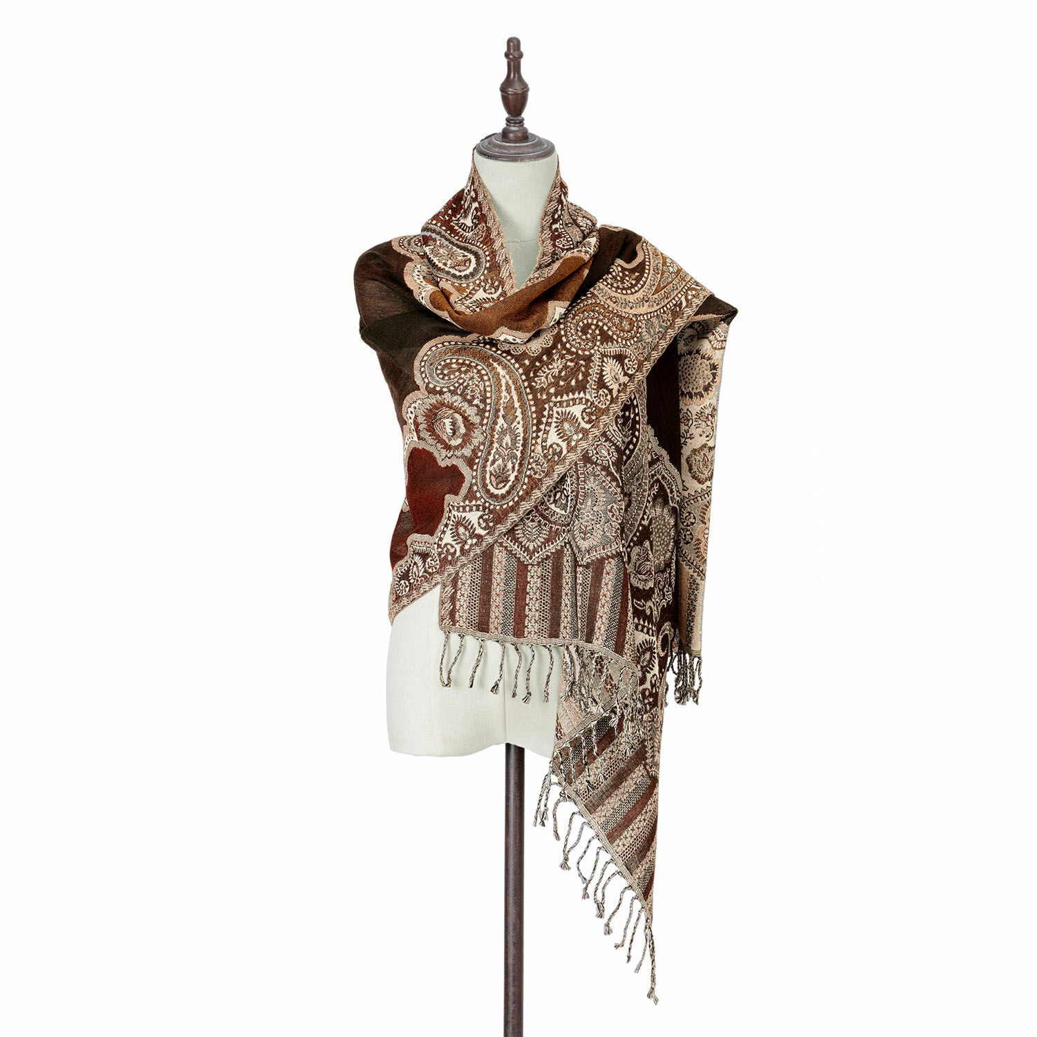 Scialle Crédin Sciarpa marrone con motivo paisley e frange, tessuto morbido, accessorio di moda per giornate fresche