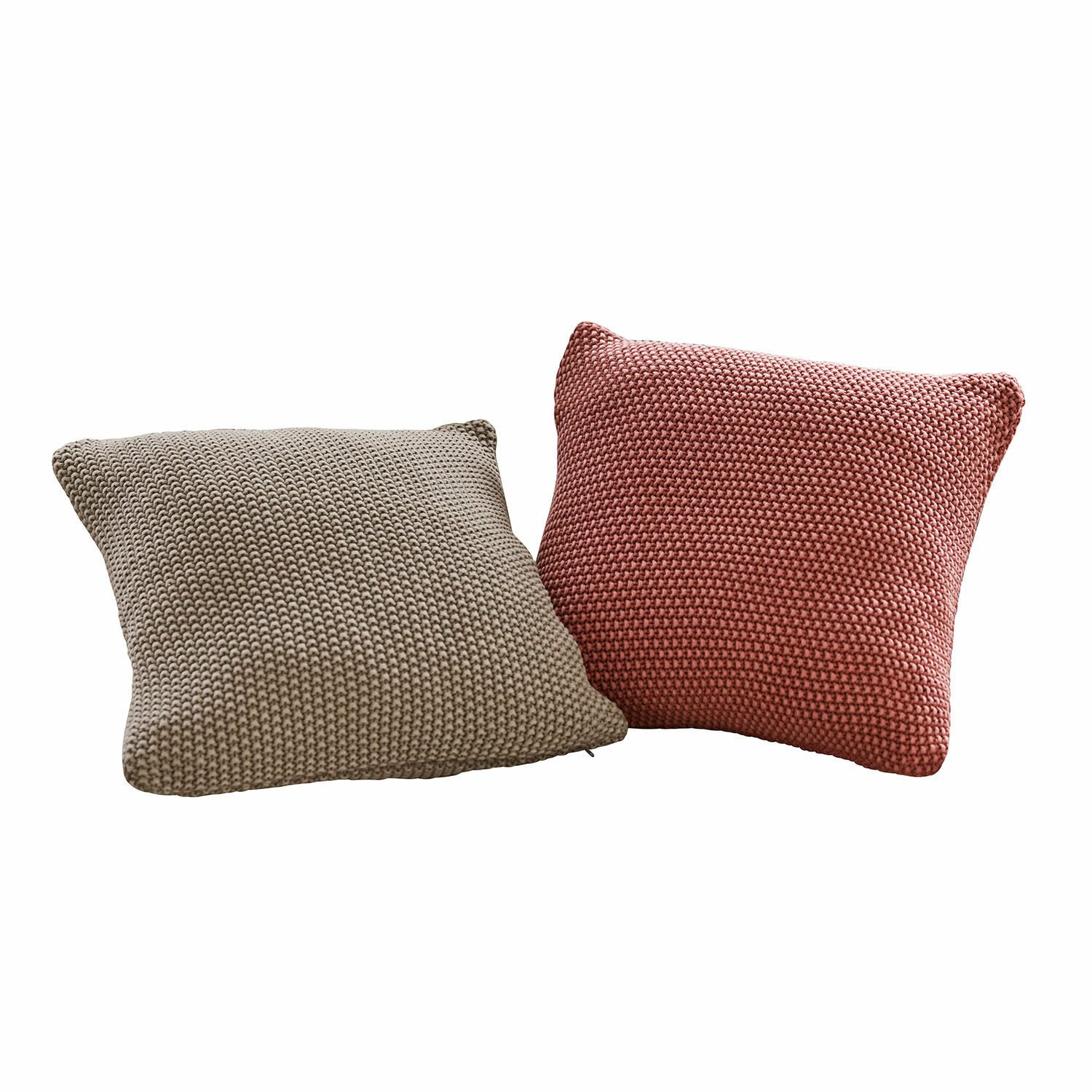 Coppia di copricuscini Terry Due cuscini quadrati in tessuto lavorato a maglia spessa beige e mattone per decorazione d'interni