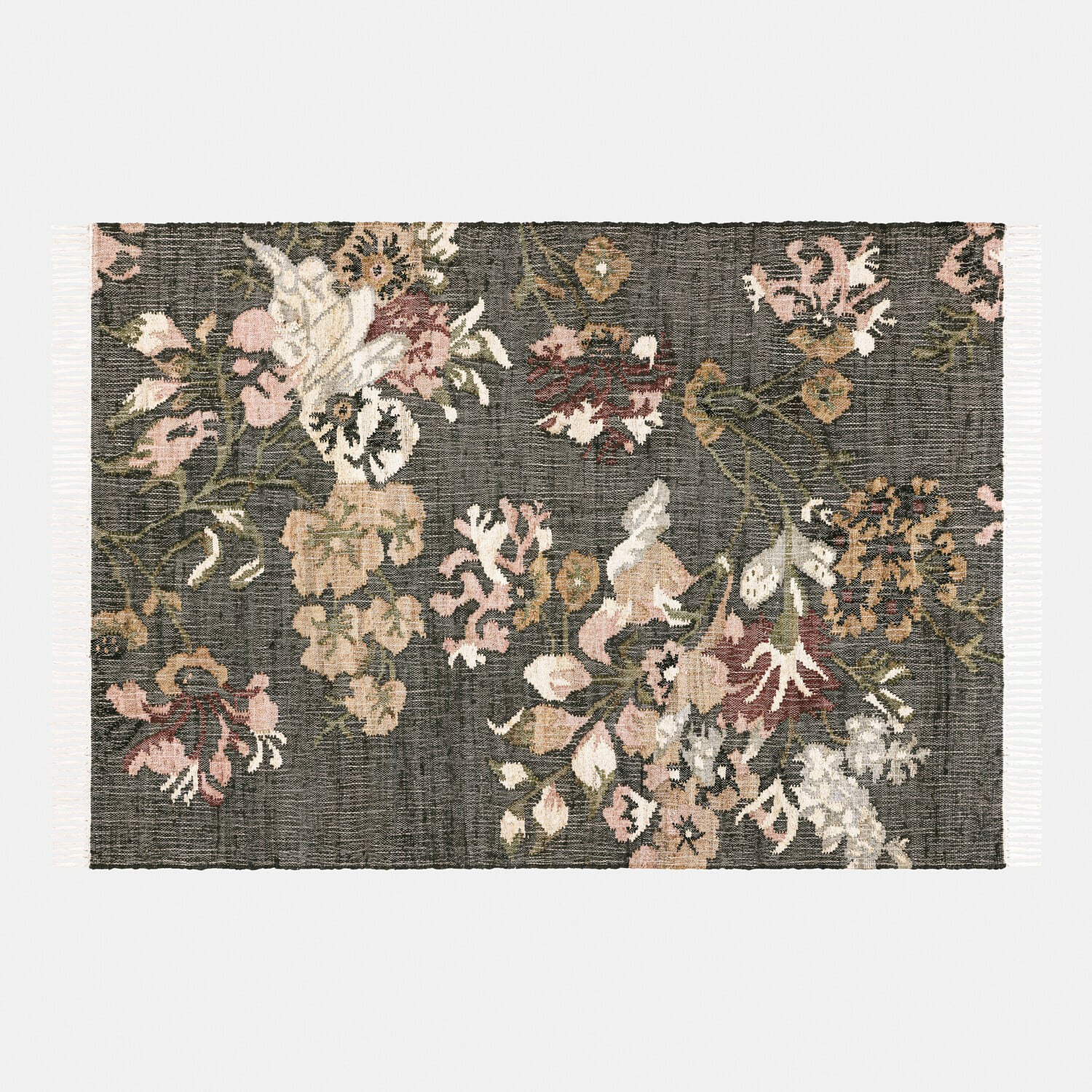 Tappeto Yasirah Tappeto con motivo floreale in tonalità grigie e beige con frange, decorazione elegante per soggiorno