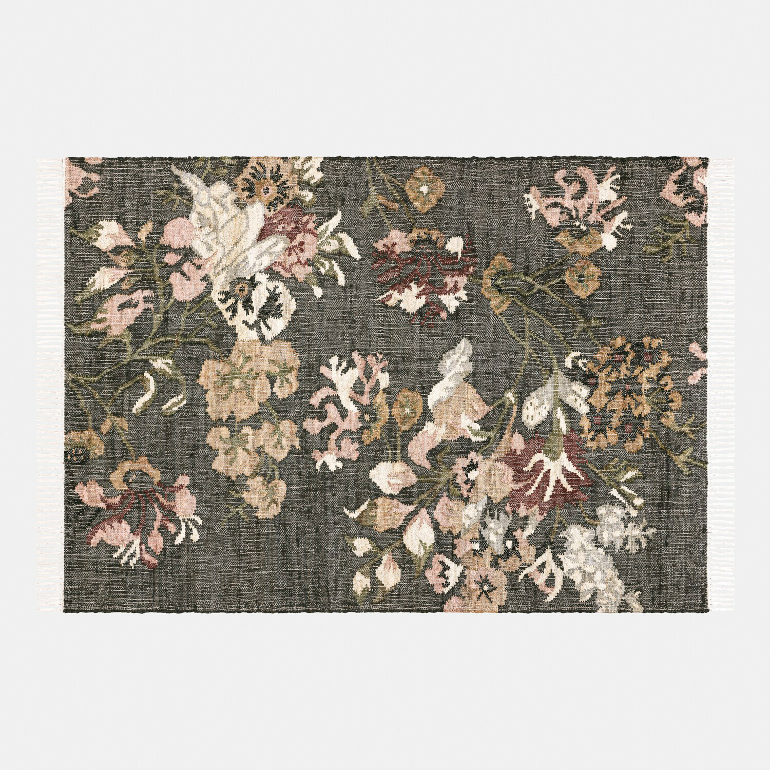 Tappeto Yasirah Tappeto con motivo floreale in tonalità grigie e beige con frange, decorazione elegante per soggiorno