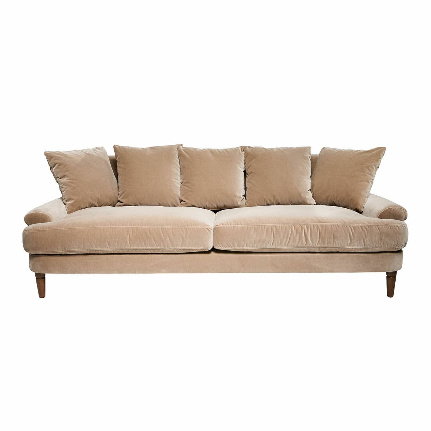 Divano Rivermere Divano beige in tessuto morbido con cinque cuscini e gambe in legno, mobile confortevole per soggiorno