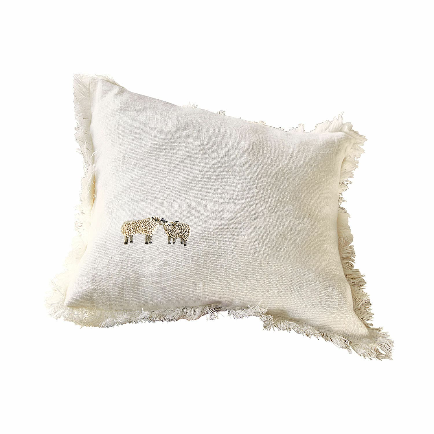 Copricuscino Erianna Cuscino bianco in lino con frange e ricamo di due pecore, accessorio decorativo per la casa