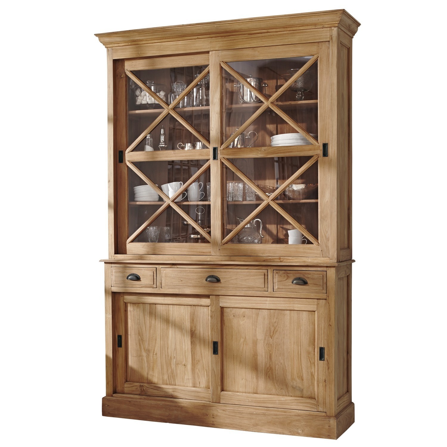 Credenza Kanabec Vetrina in legno naturale con ante in vetro incrociate e cassetti, elegante mobile soggiorno