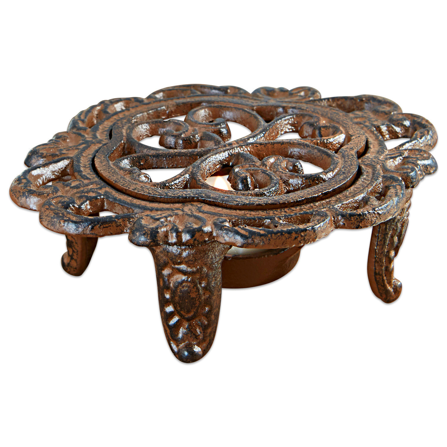 Fornellino a candela Florian Supporto decorativo in ferro battuto color ruggine per riscaldare pentole da cucina
