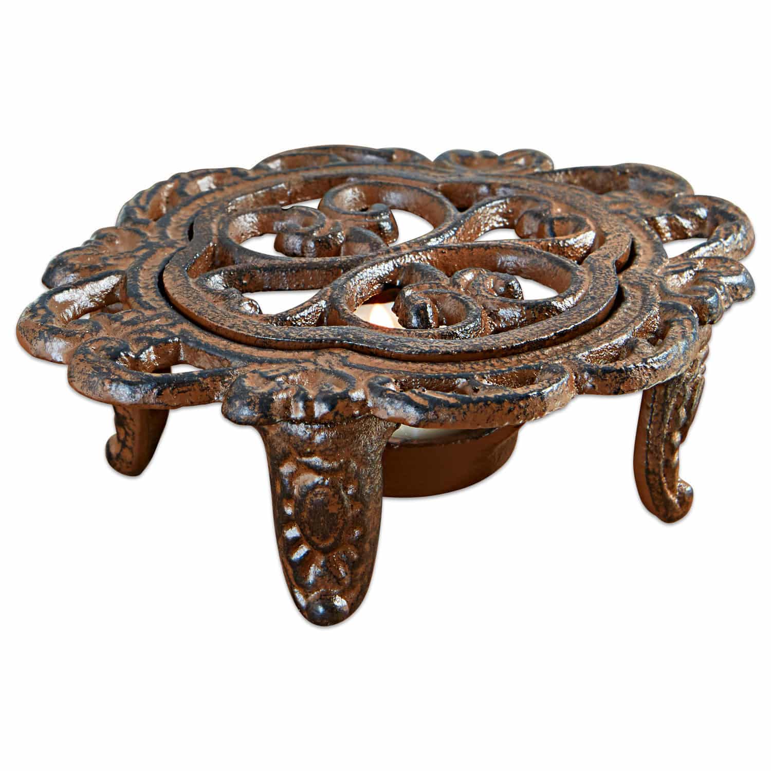 Fornellino a candela Florian Supporto decorativo in ferro battuto color ruggine per riscaldare pentole da cucina