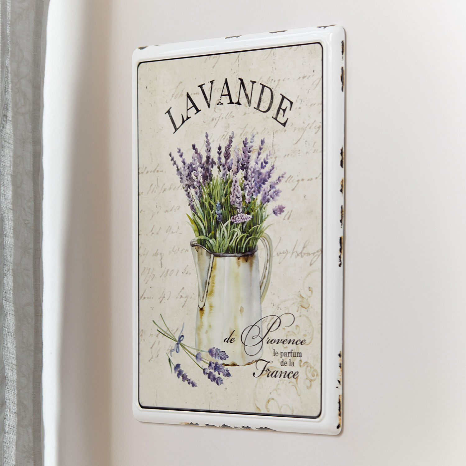 Stampa su metallo Lavande Targa decorativa in metallo con motivo lavanda in brocca stile provenzale, bianco e viola