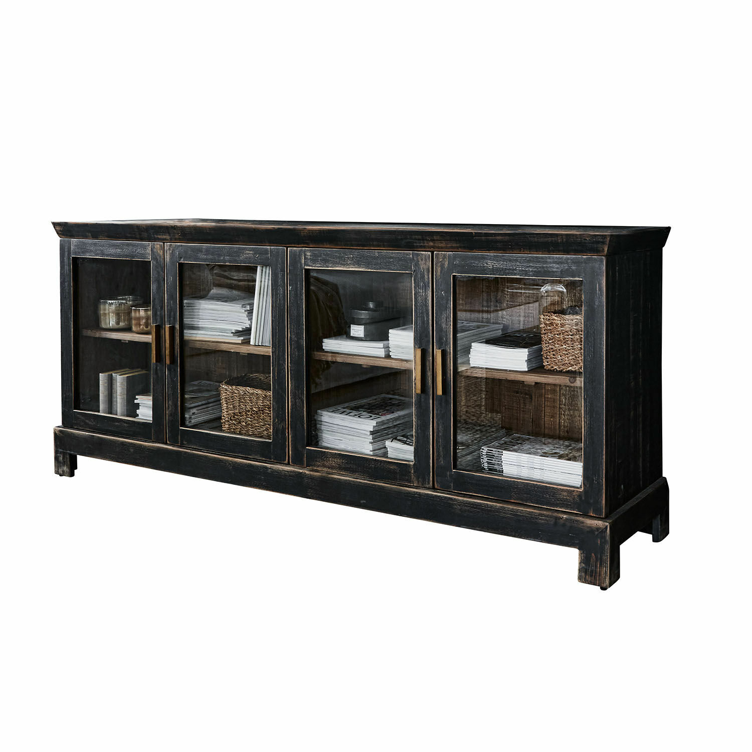 Credenza bassa Nivelles Vetrina in legno nero con ante in vetro e maniglie in ottone, stile vintage elegante