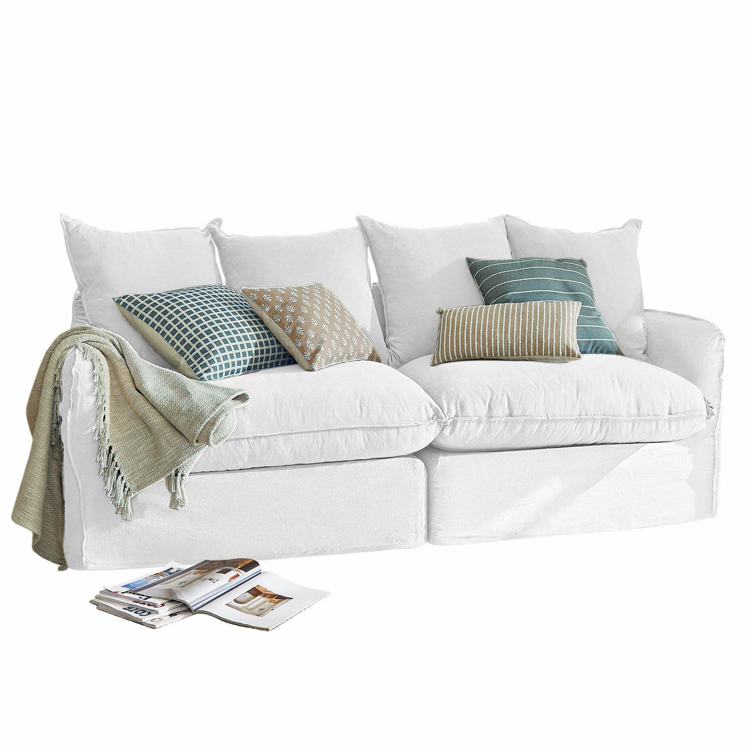 Divano Dunswater Divano bianco in tessuto con cuscini verdi e beige a motivi e coperta morbida, soggiorno moderno