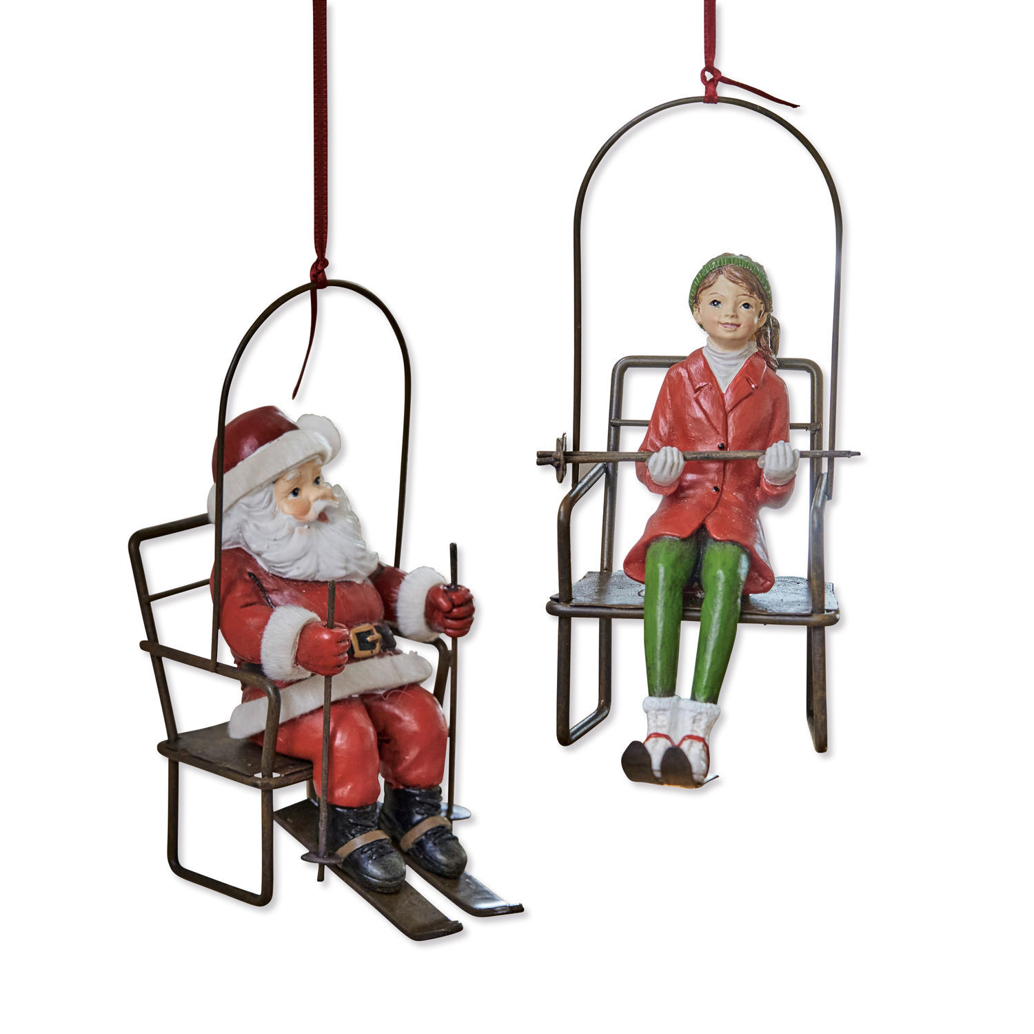 Coppia di decorazioni da appendere Ponta Decorazioni sospese in metallo con figure di Babbo Natale e bambina con abiti rossi sugli sci