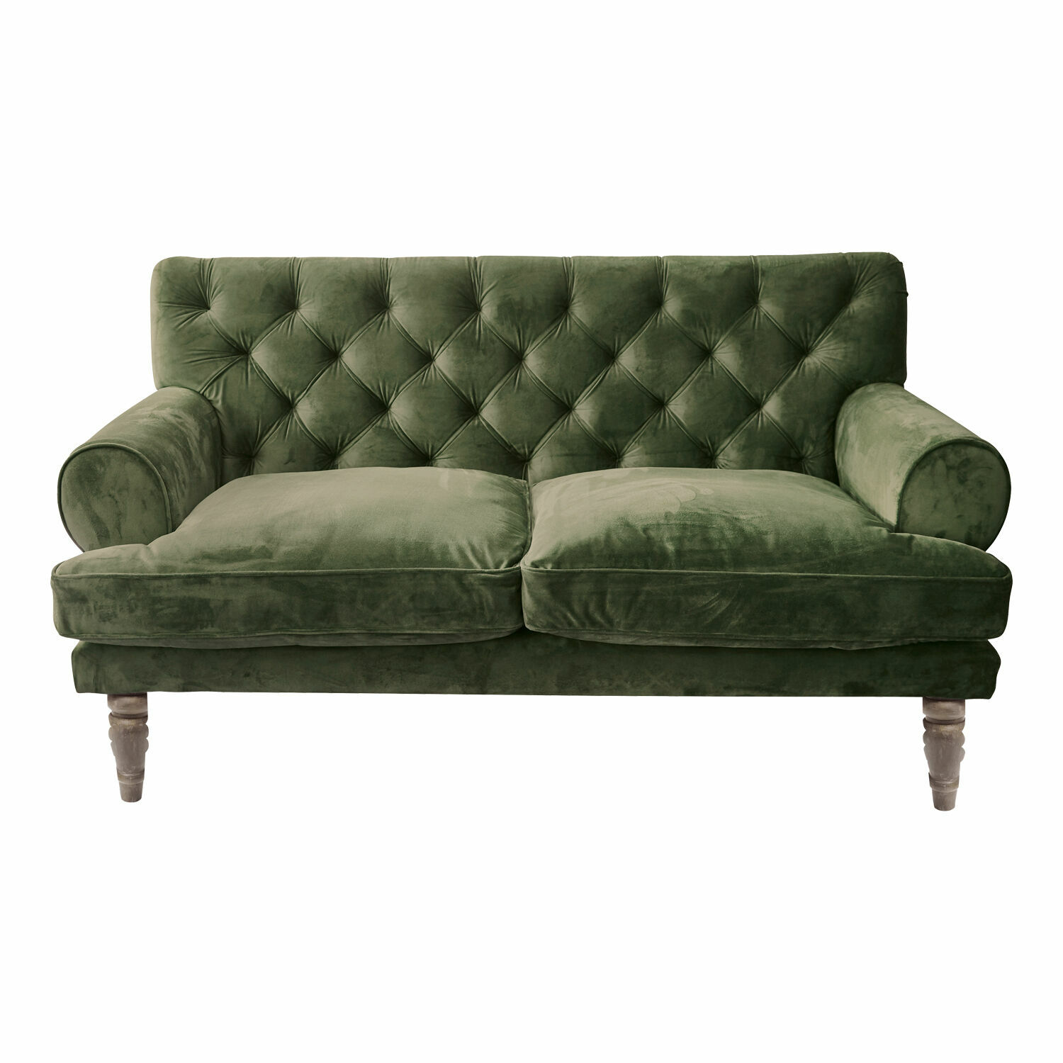 verde Divano verde in velluto con schienale capitonné e gambe in legno per soggiorno elegante