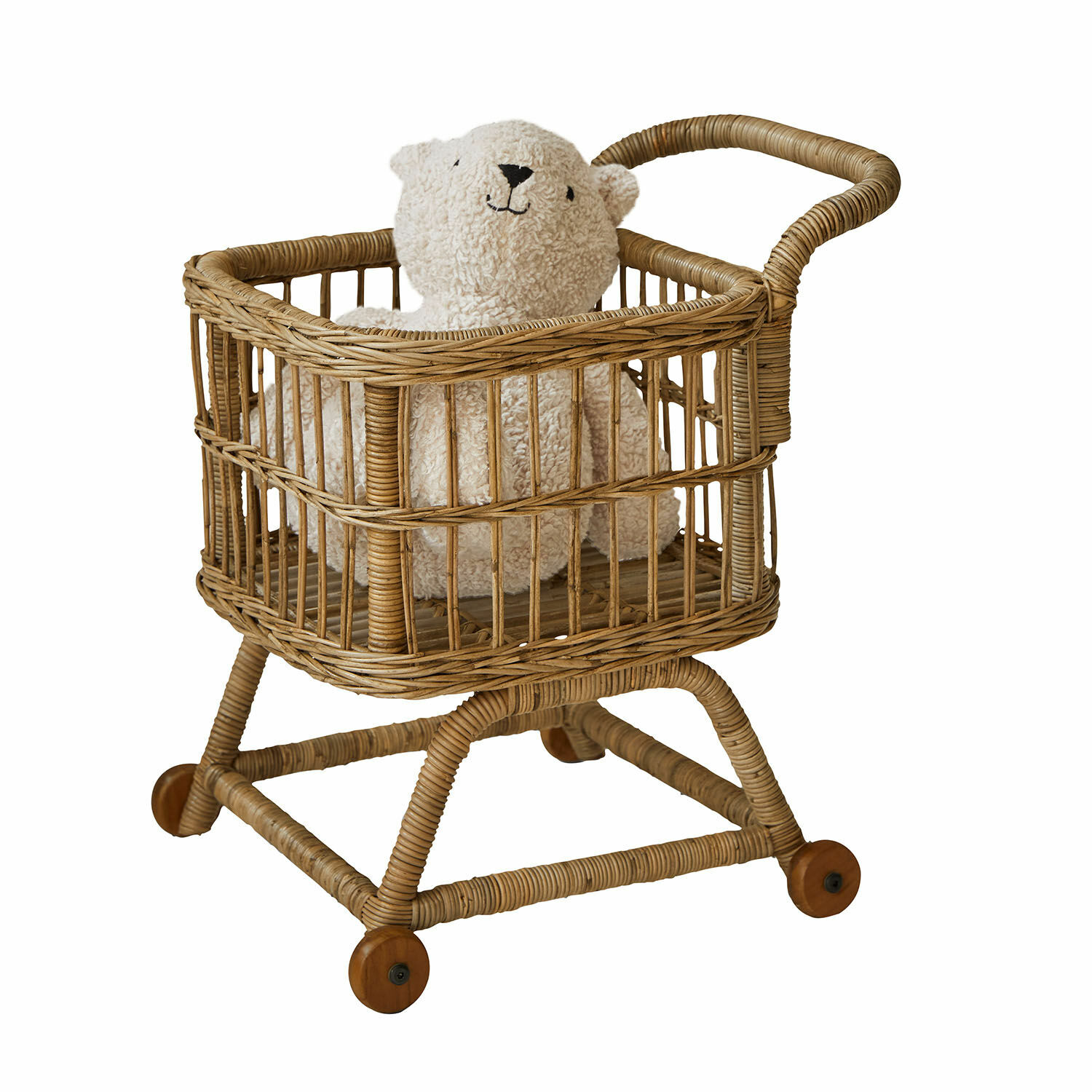 Carrello della spesa Callidia Carrello per bambini in vimini con orsetto di peluche beige, decorazione per cameretta