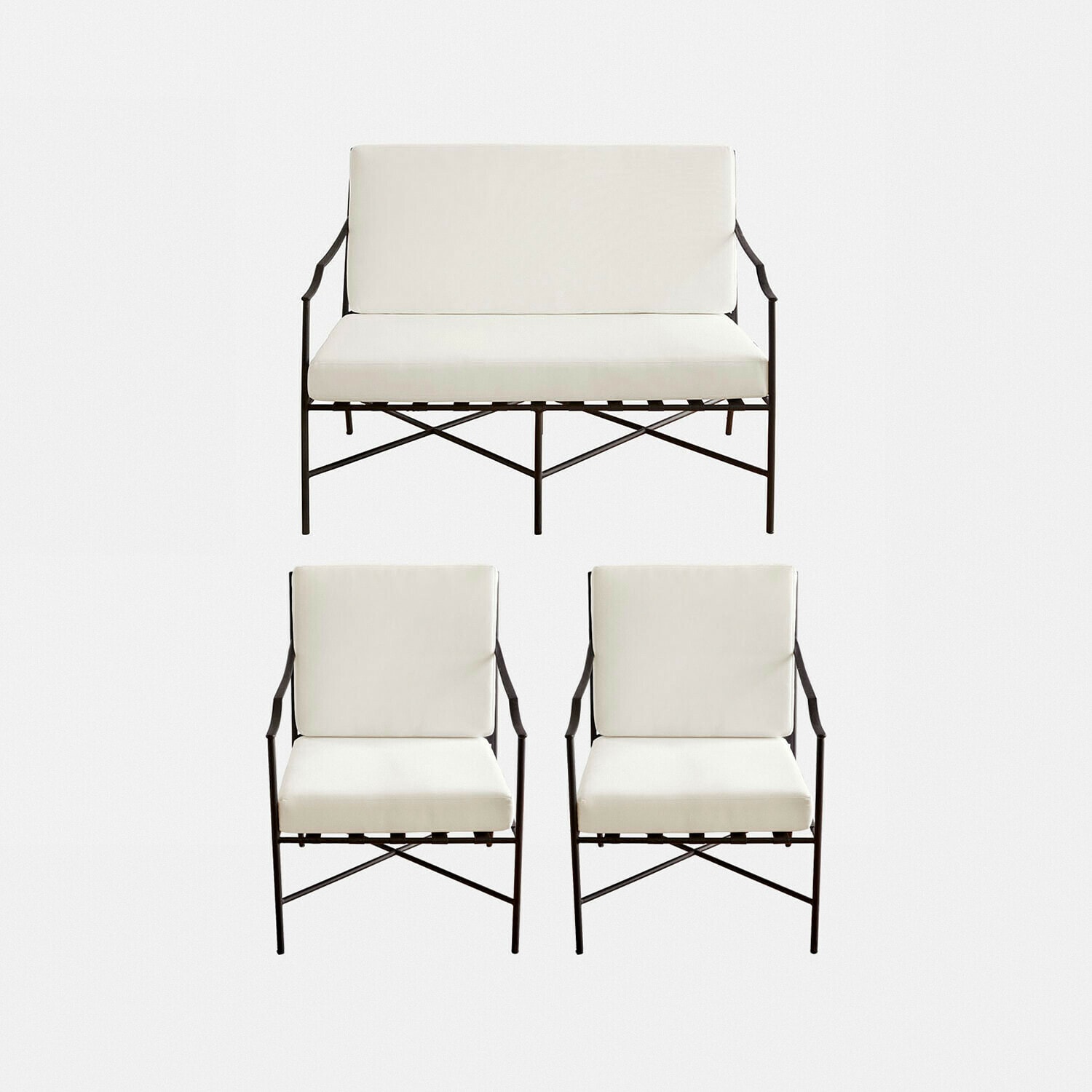 Set divano e poltrone Vexford Set di mobili da giardino con struttura in metallo e cuscini crema, design moderno per esterni