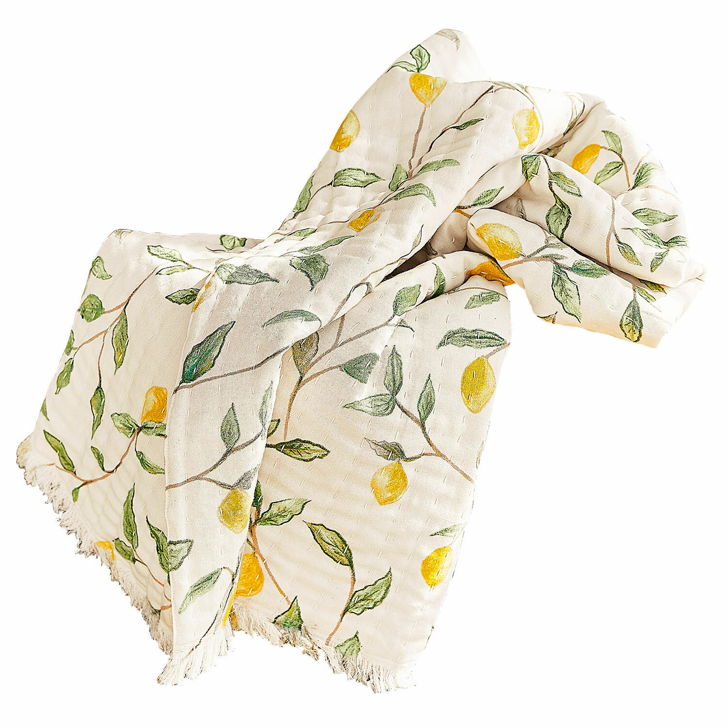 Plaid Palerina Coperta in cotone color crema con stampa di limoni gialli e foglie verdi, bordi sfrangiati