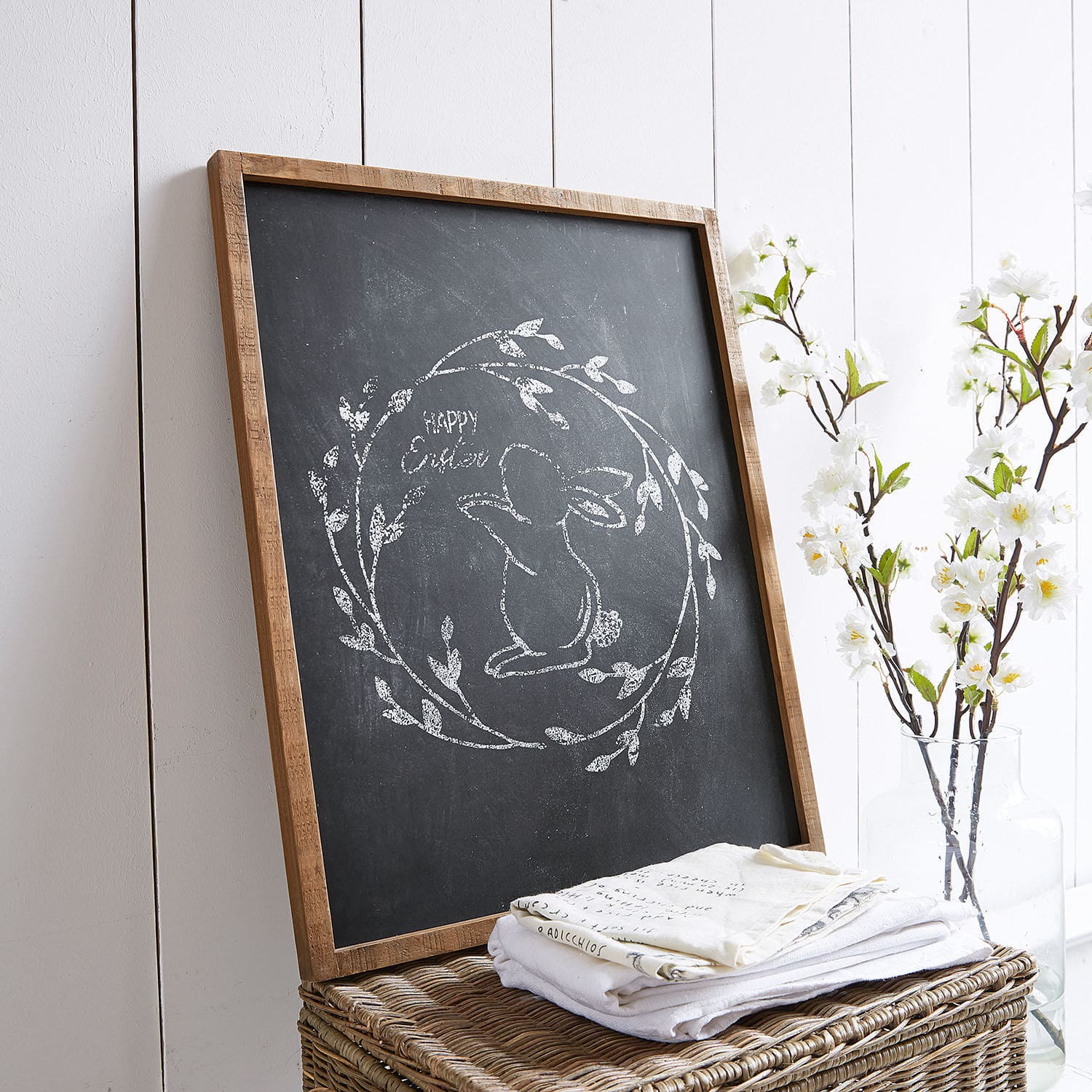 Pannello decorativo Viloire Lavagna con cornice in legno e disegno di coniglio con scritta Happy Easter, decorazione pasquale