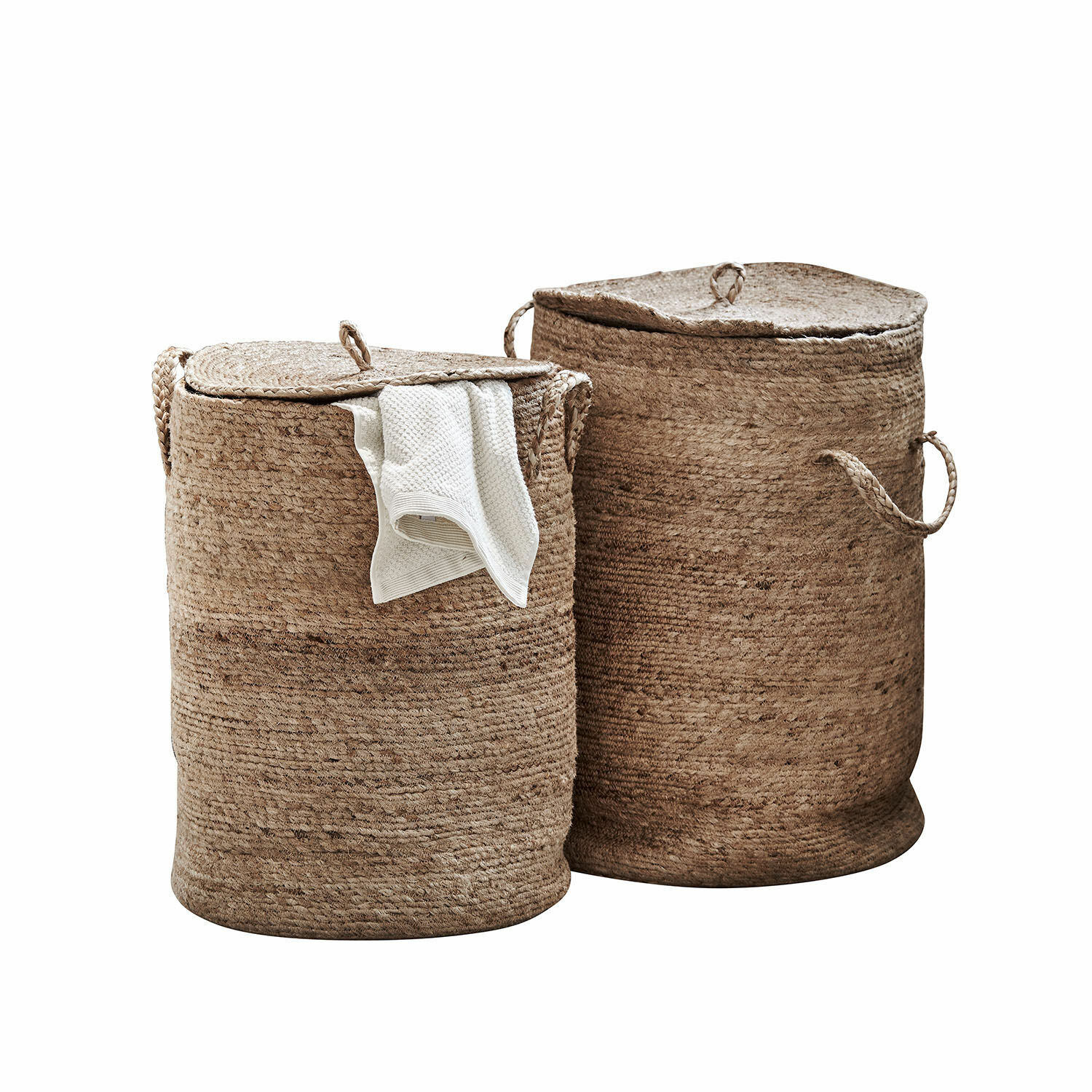 Coppia di cesti portabiancheria Kory Set di due cesti rotondi in juta naturale marrone con coperchi per conservare il bucato