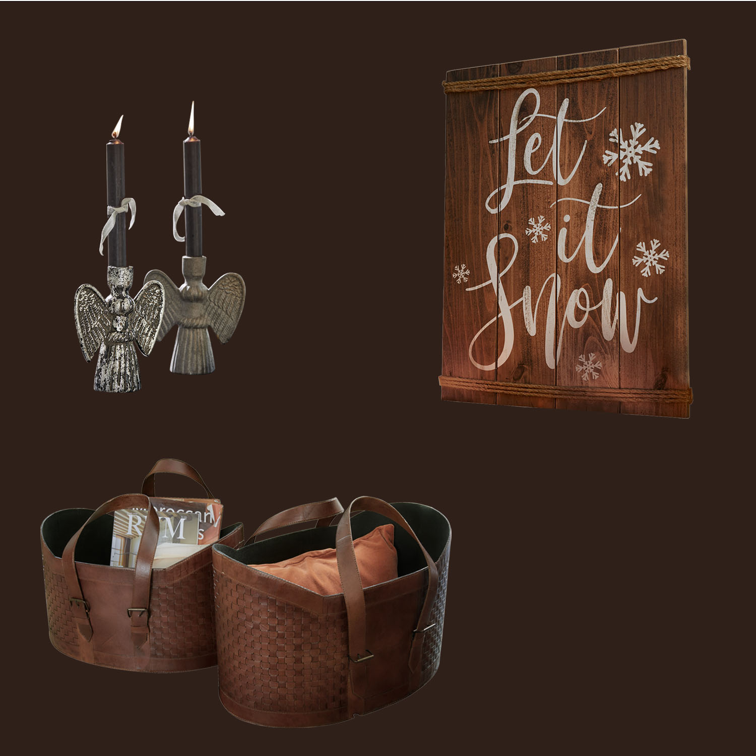 Set decorazioni natalizie con candelabri angelo in metallo, pannello in legno Let it Snow e cesti in pelle marrone
