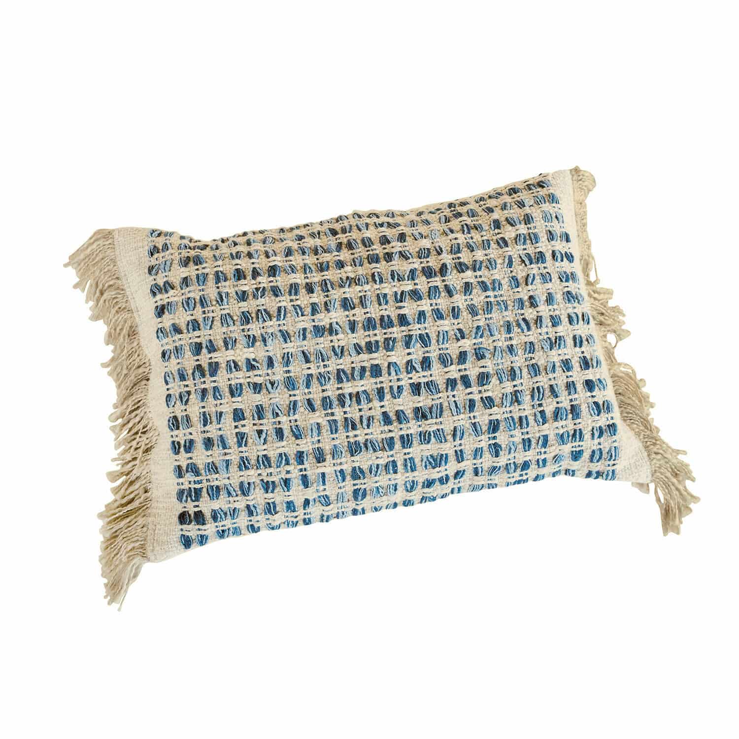 Copricuscino Monrovie Cuscino decorativo rettangolare in cotone beige e blu a quadri con frange, stile boho