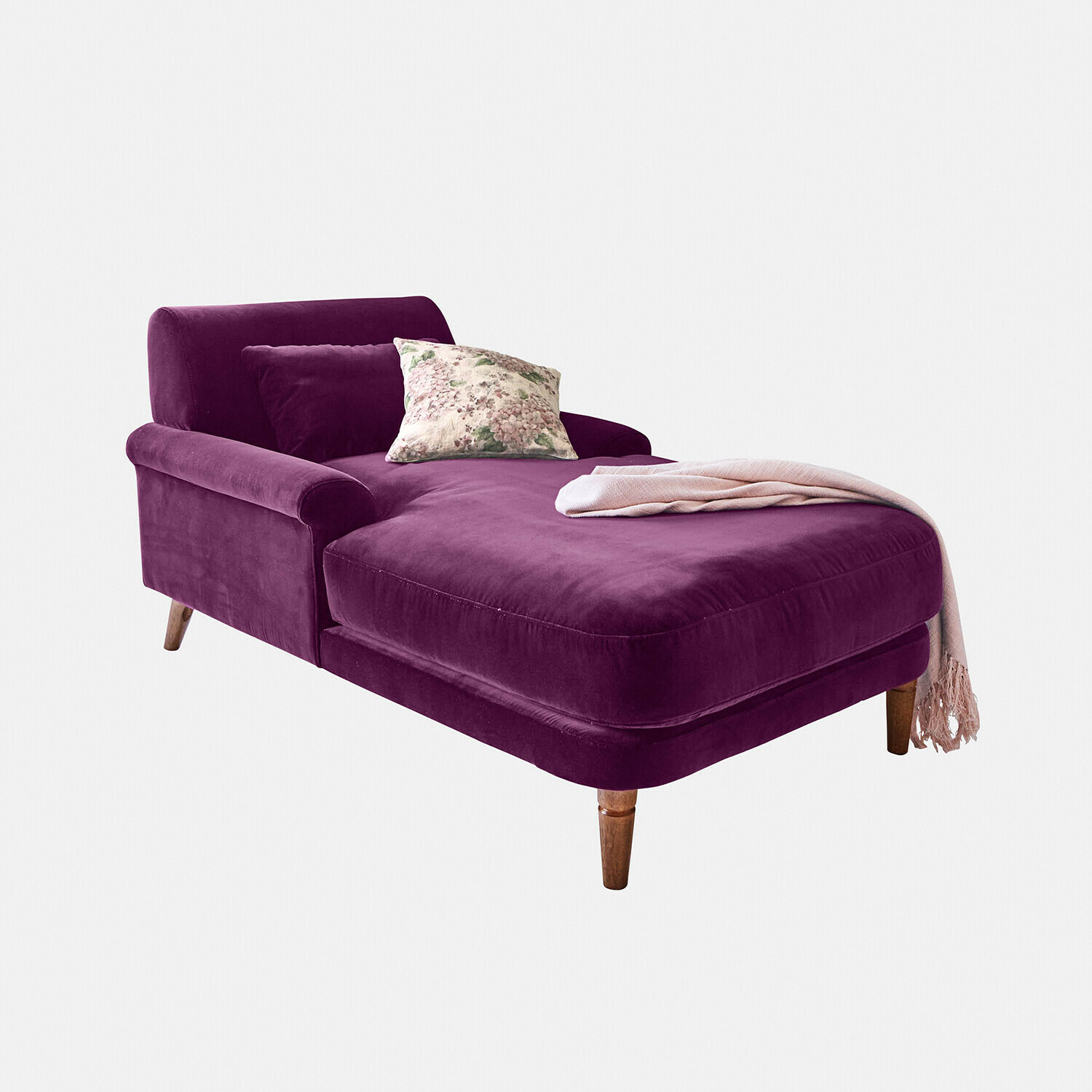 Chaise longue Jouvrelle Chaise longue viola in velluto con cuscino e coperta rosa, mobile moderno per il relax