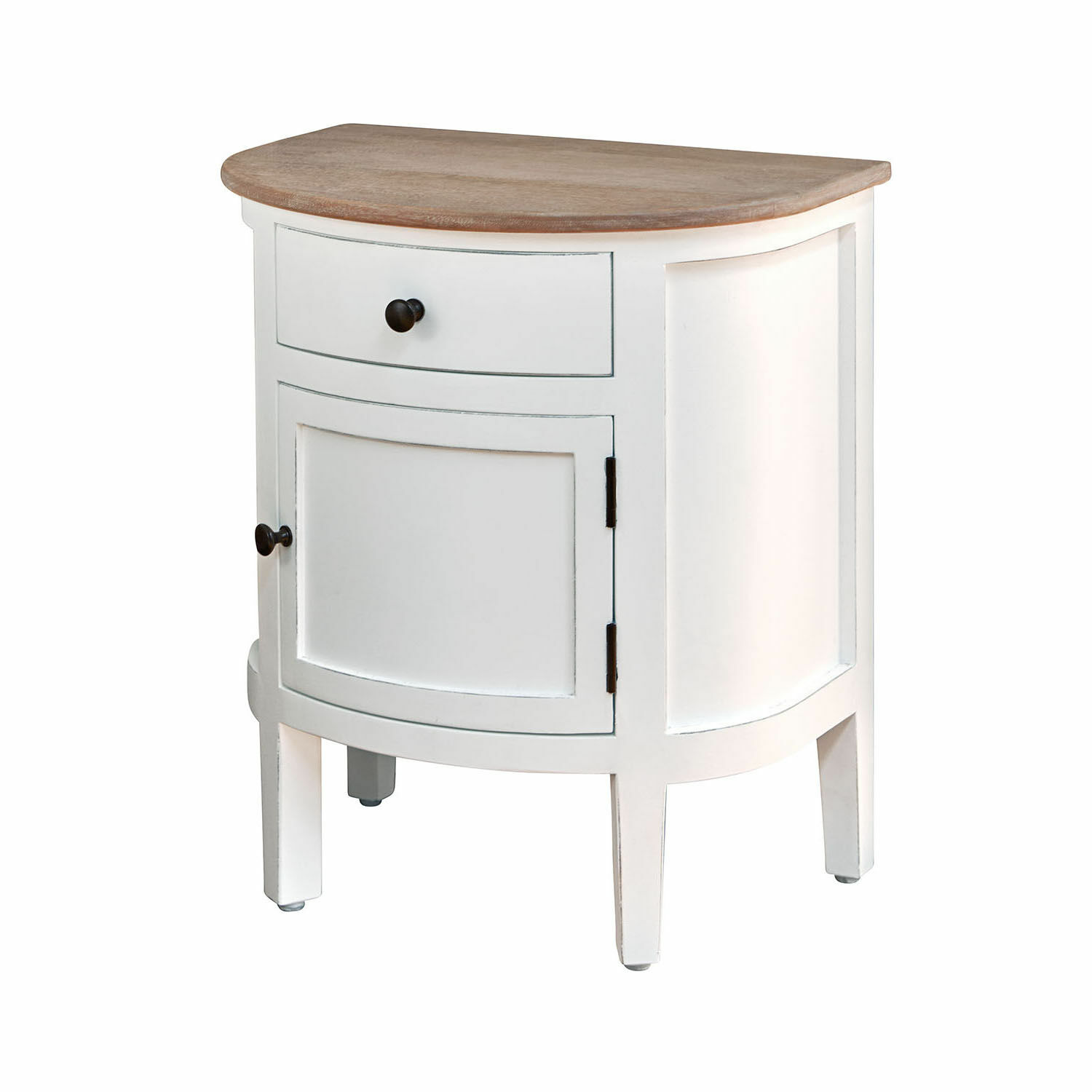 Comodino Arvelin bianco in legno con cassetto e ripiano, piano in legno naturale, mobile da camera