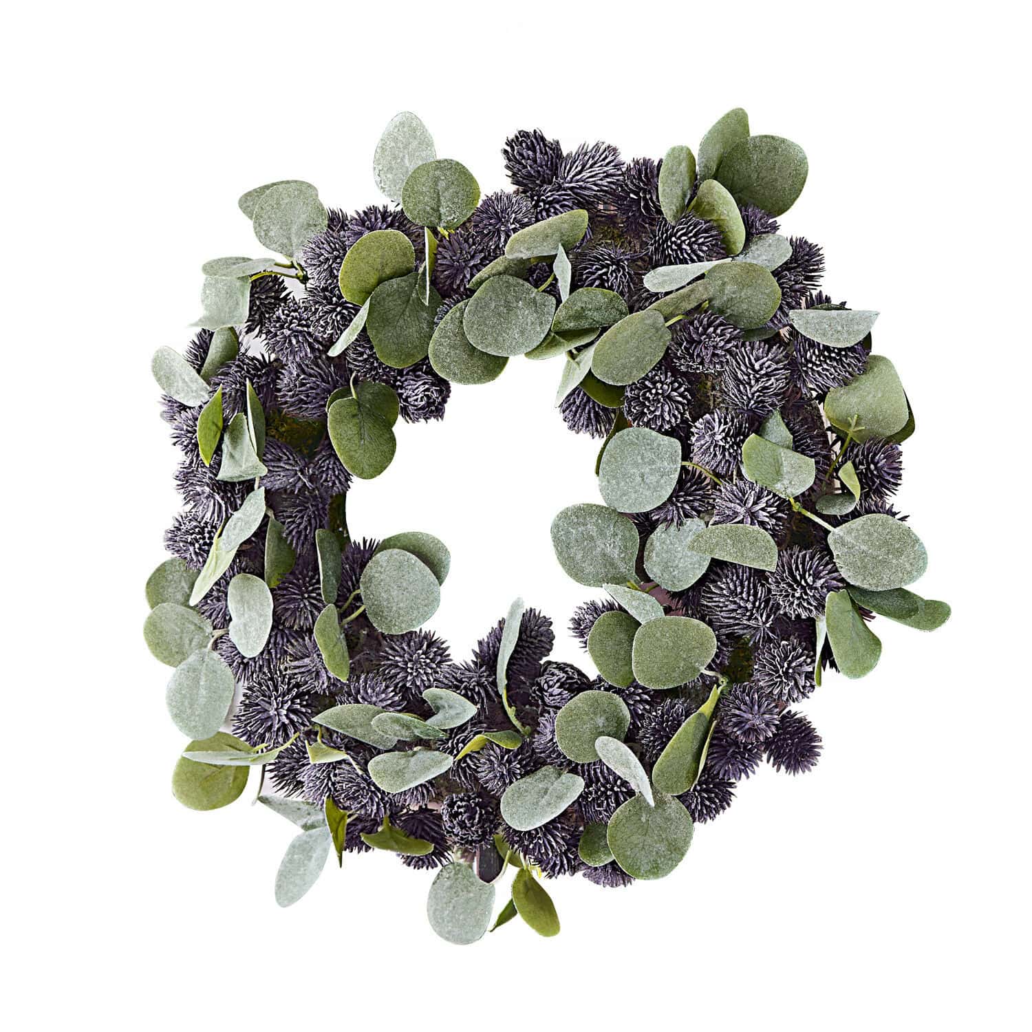 Ghirlanda Épine Corona decorativa con foglie verdi e pigne viola per decorazioni festive