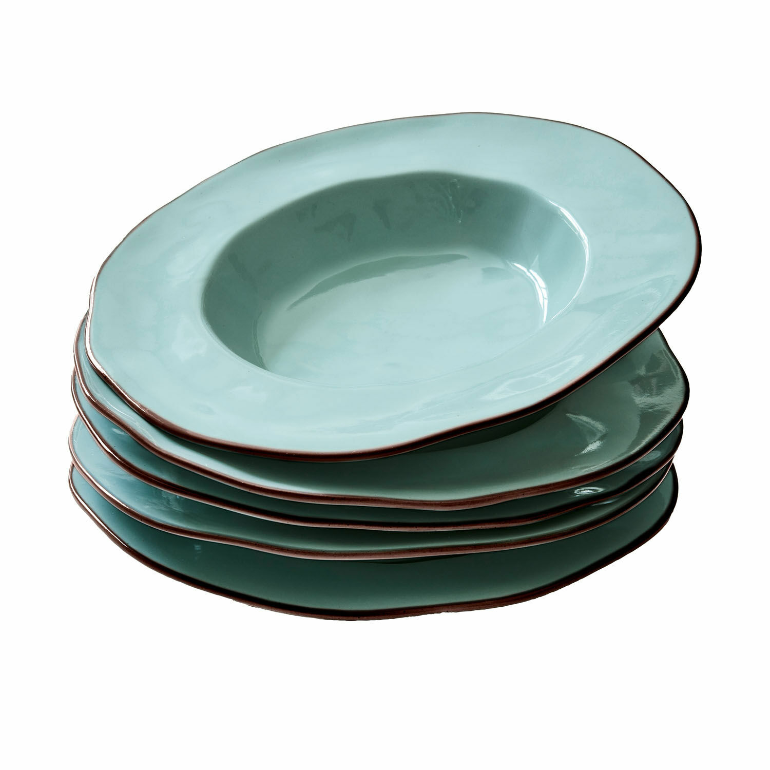 Servizio di 6 piatti fondi Biarré Set di cinque piatti fondi in ceramica turchese con bordo marrone per servire zuppe