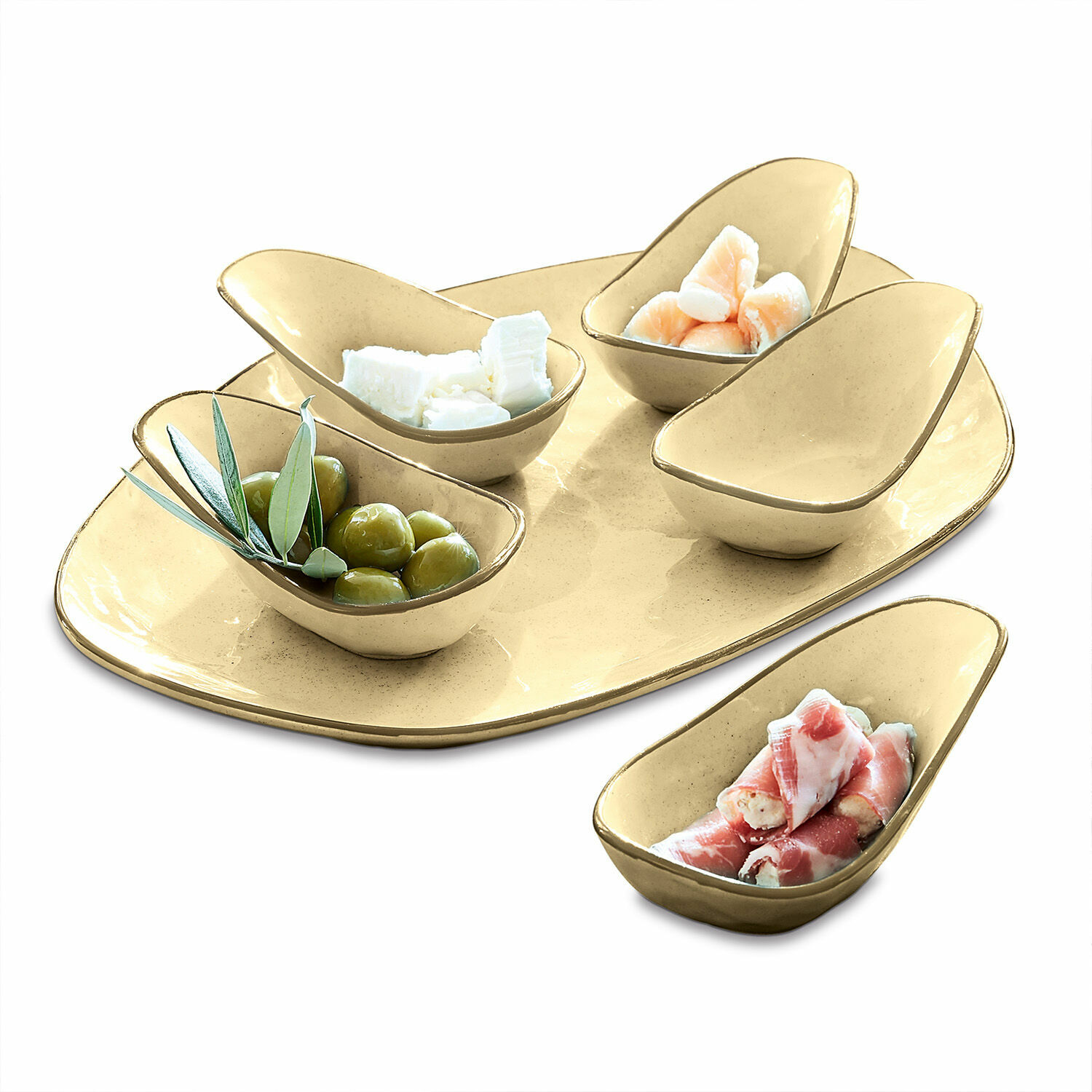 Set di 6 ciotoline su piatto Biarré Set di ciotole e vassoio in ceramica beige per servire antipasti e olive