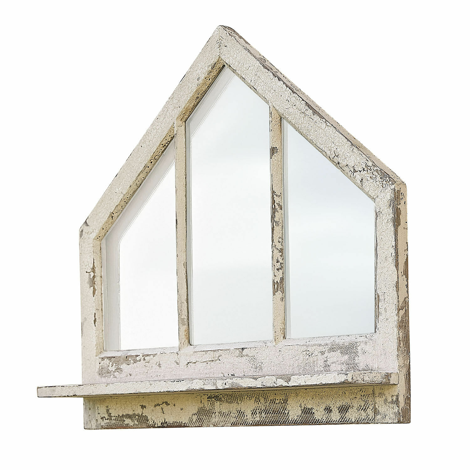 Scaffale da parete Northwick Specchio da parete a forma di casa in legno bianco invecchiato con mensola, decorazione rustica