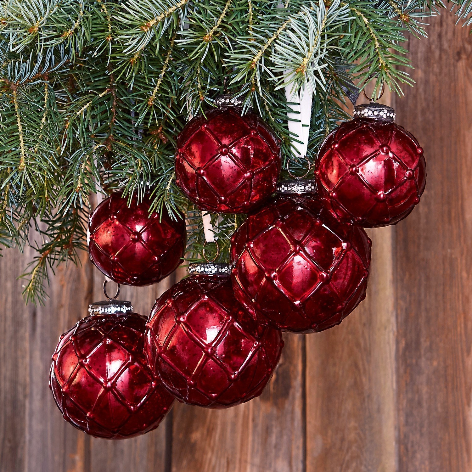 Set di 6 decorazioni natalizie Roubi Set di palline di Natale rosse in vetro con motivo a griglia appese a ramo di abete, decorazione festiva