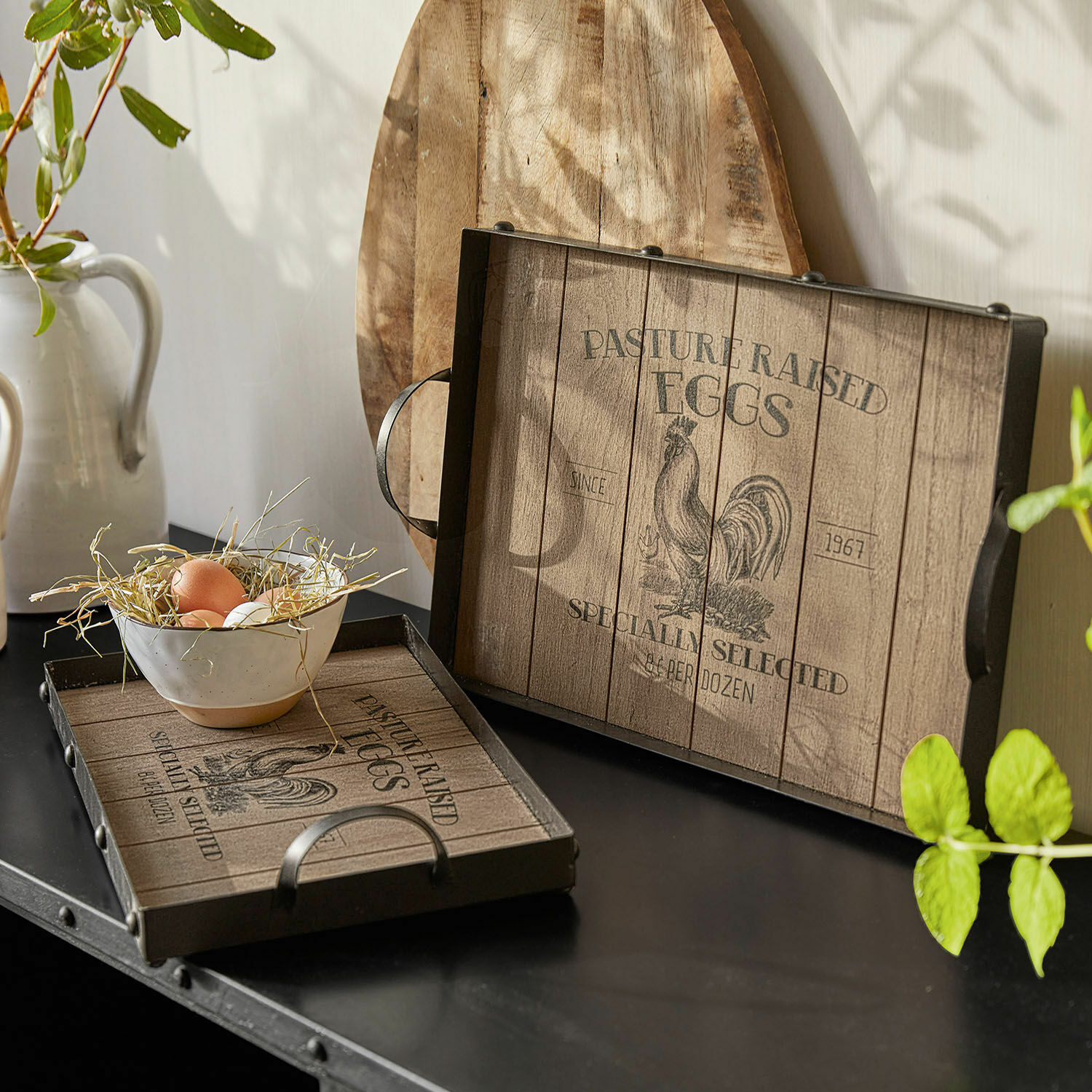 Coppia di vassoi Nobles Vassoio in legno con manici in metallo e motivo gallo, stile rustico per decorazione cucina